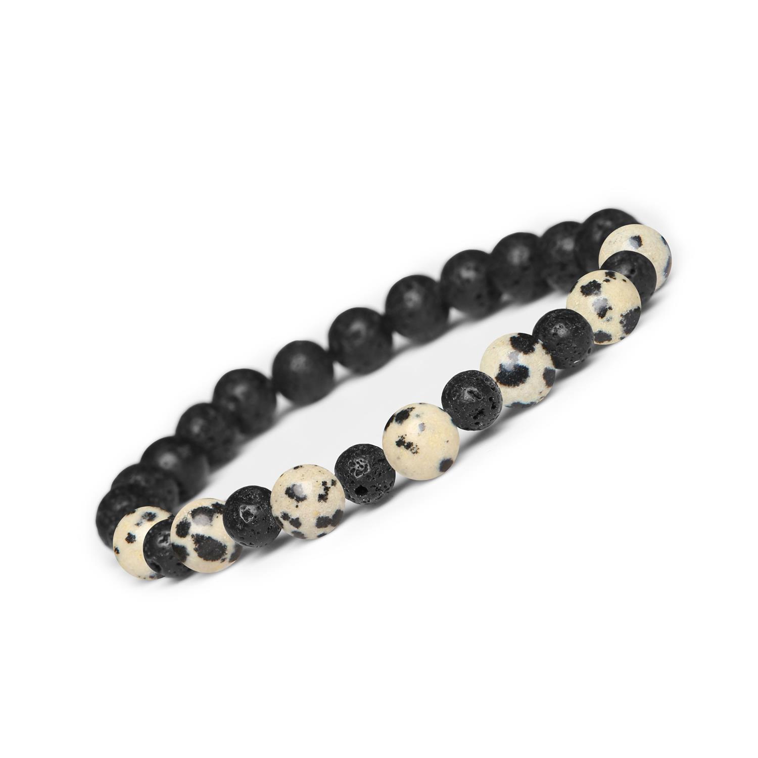 Bransoletka z kamieni naturalnych na gumce z kolekcji Mijaha - Jaspis Dalmatyński i Lawa Wulkaniczna Oryginalne akcesoria z jaspisu dalmatyńskiego oraz lawy wulkanicznej, przeznaczone dla kobiet i mężczyzn.