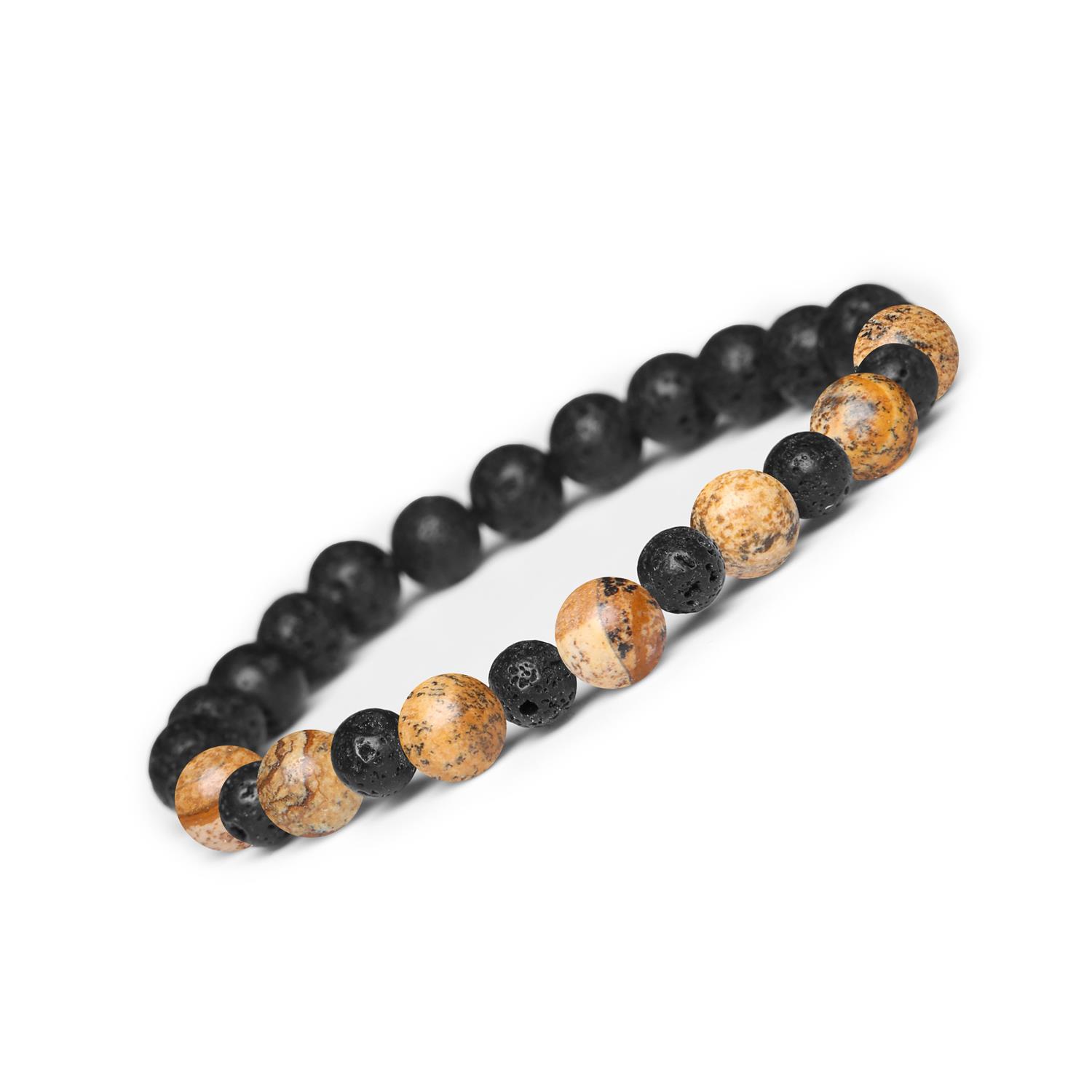 Bransoletka z kamieni naturalnych na gumce z kolekcji Mijaha - Jaspis Obrazkowy i Lawa Wulkaniczna dla Kobie Elegancka bransoletka unisex z kolekcji Mijaha, zdobiona kamieniami jaspisu obrazkowego oraz lawy wulkanicznej.