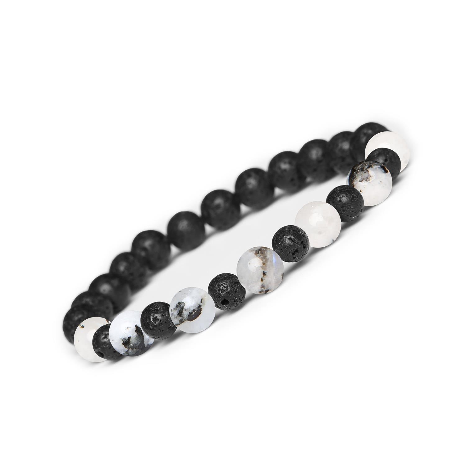 Bransoletka z kamieni naturalnych na gumce z kolekcji Mijaha, Kamień Księżycowy Łaciaty Bransoletka Mijaha z kamieniami naturalnymi - Kamień Księżycowy Łaciaty i Lawa Wulkaniczna, idealna dla kobiet i mężczyzn.