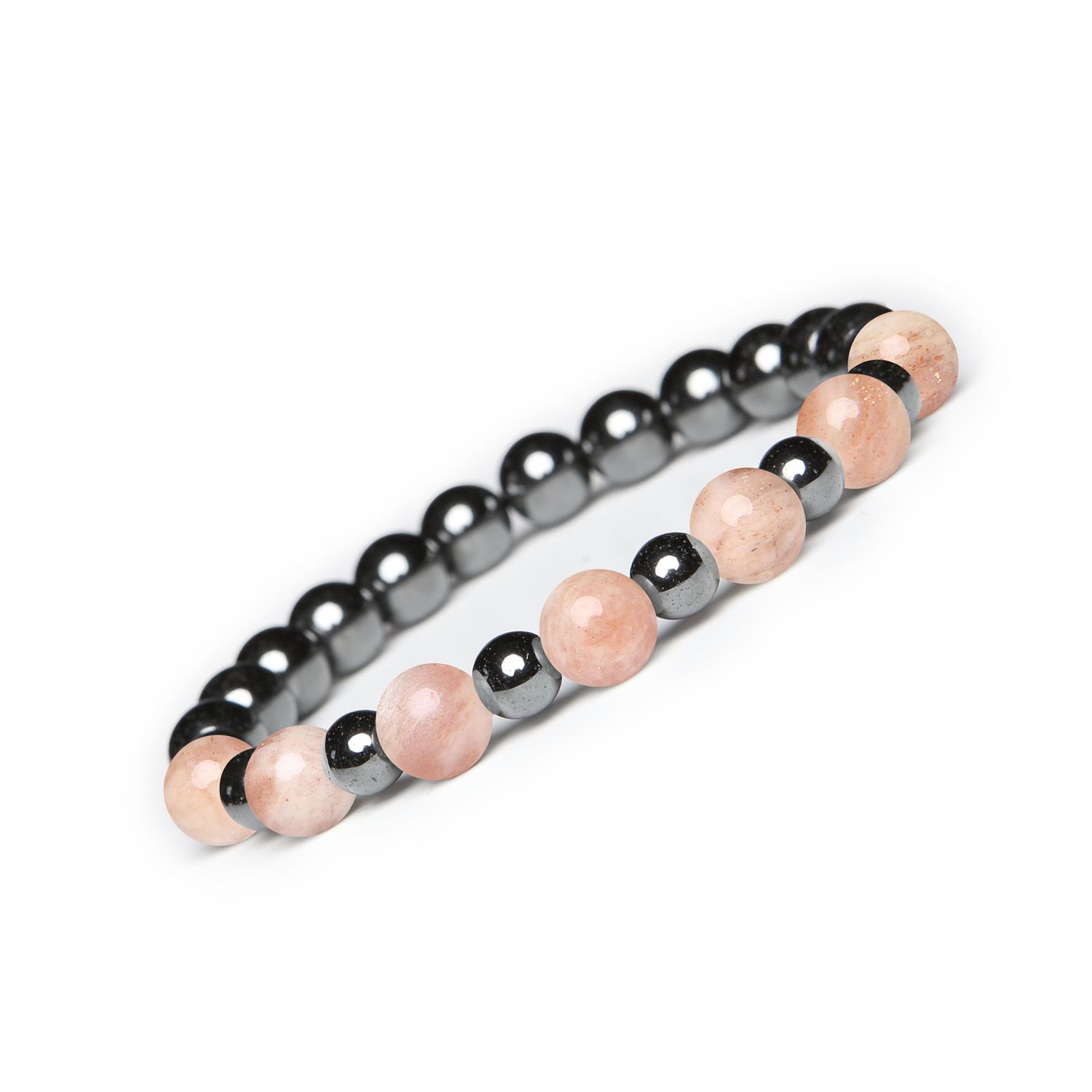 Bransoletka z kamieni naturalnych na gumce z kolekcji Mijaha - Kamień Słoneczny i Hematyt grafitowy, Wysokiej jakości biżuteria z kamienia słonecznego i hematytu grafitowego z kolekcji Mijaha - wyraź swój styl, niezależnie od płci.