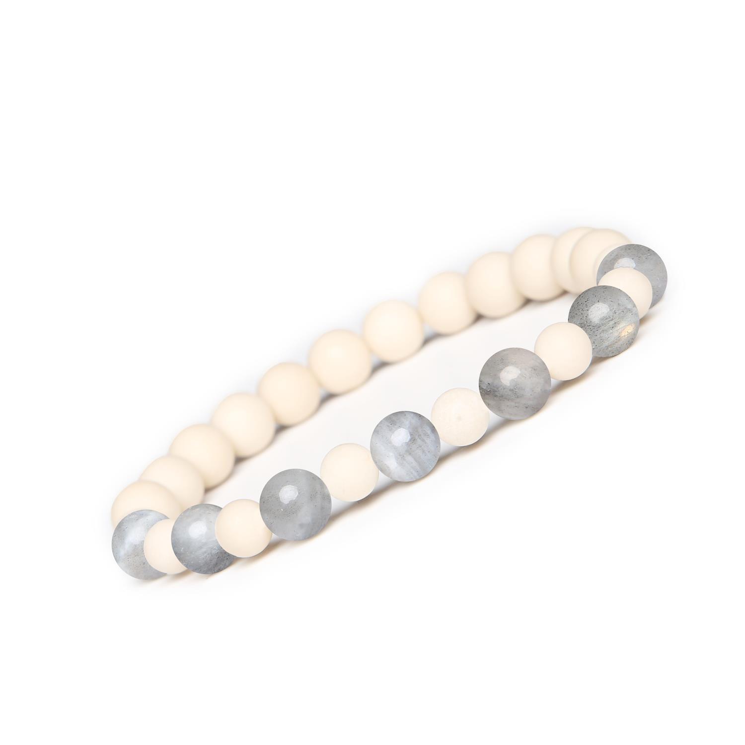 Bransoletka z kamieni naturalnych na gumce z kolekcji Mijaha - Labradoryt i Kamień Rzeczny, dla Kobiet i Mężczyzn Elegancka bransoletka Mijaha z kamieniami naturalnymi: labradorytem i kamieniem rzecznym, stworzona dla kobiet i mężczyzn.