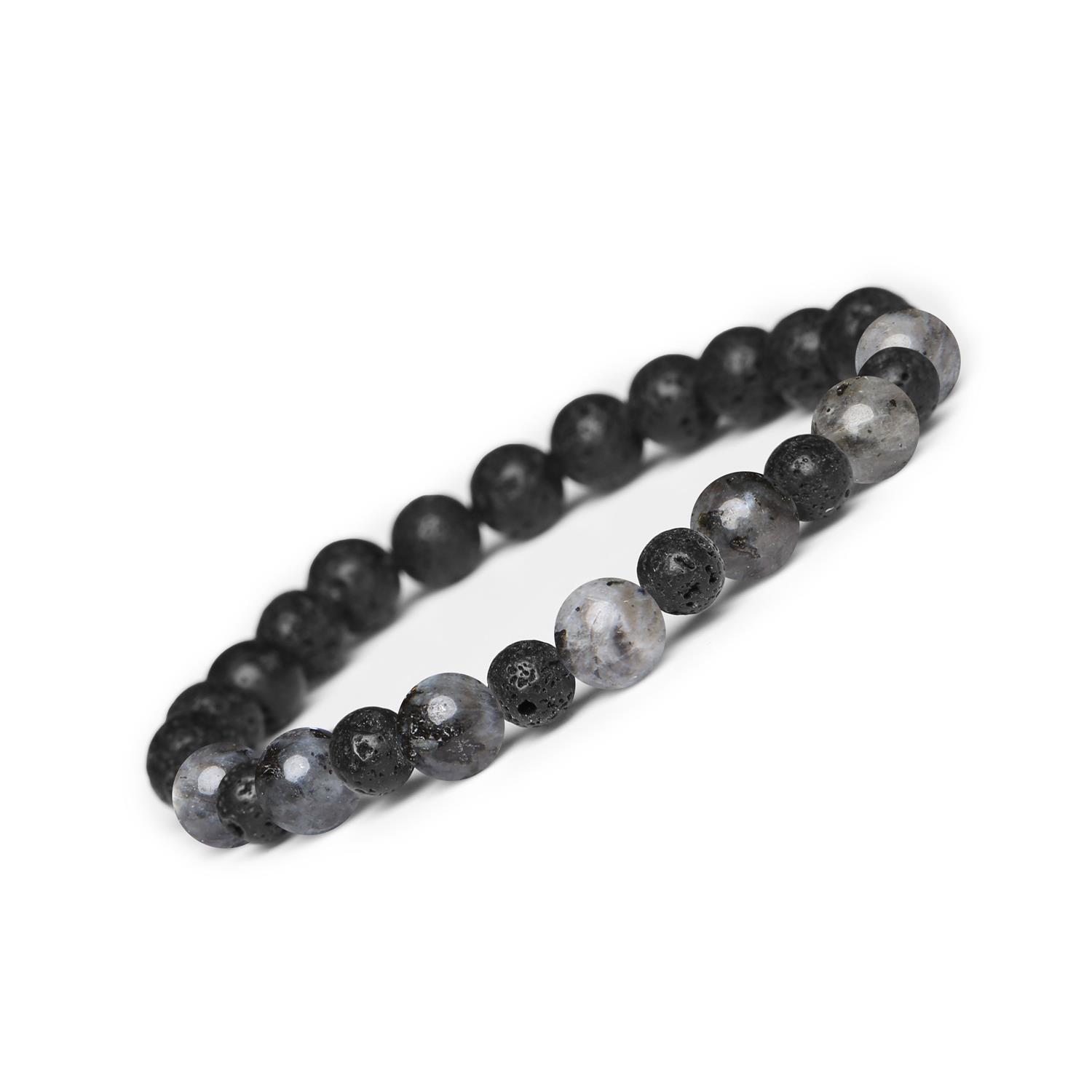 Bransoletka z kamieni naturalnych na gumce z kolekcji Mijaha - Larvikit i Lawa Wulkaniczna dla Kobiet i Mężczyzn Elegancka bransoletka z larvikitem i lawą wulkaniczną z kolekcji Mijaha, aby podkreślić styl kobiet i mężczyzn.