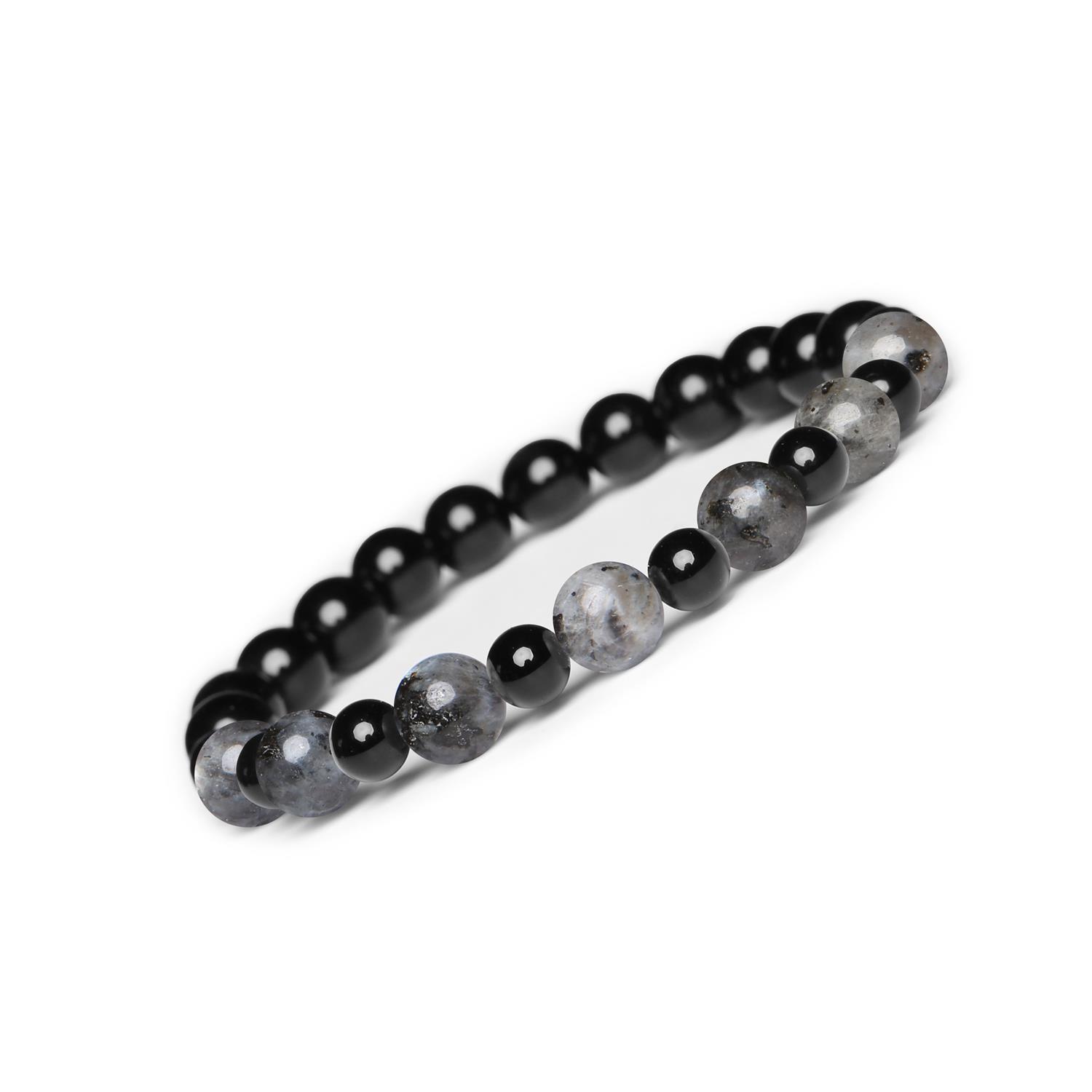 Bransoletka z kamieni naturalnych na gumce z kolekcji Mijaha - Larvikit i Onyks, idealna dla kobiet i mężczyzn Bransoletka Mijaha na gumce z Larvikitem i Onyks, stworzona z myślą o Kobietach i Mężczyznach