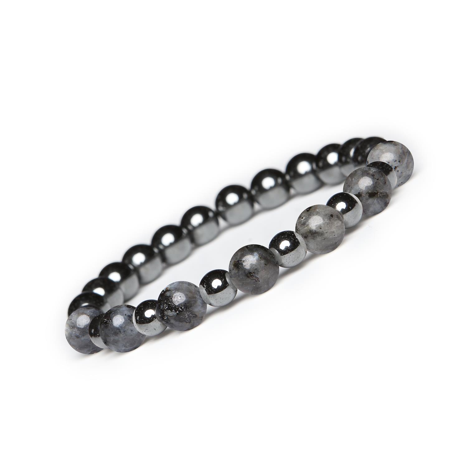 Bransoletka z kamieni naturalnych na gumce z kolekcji Mijaha - Larvikit i hematyt grafitowy dla kobiet i mężczyzn Kolekcja Mijaha: biżuteria z larvikitu oraz hematytu grafitowego, unisex - dla każdego, kto ceni wyjątkowe artykuły.