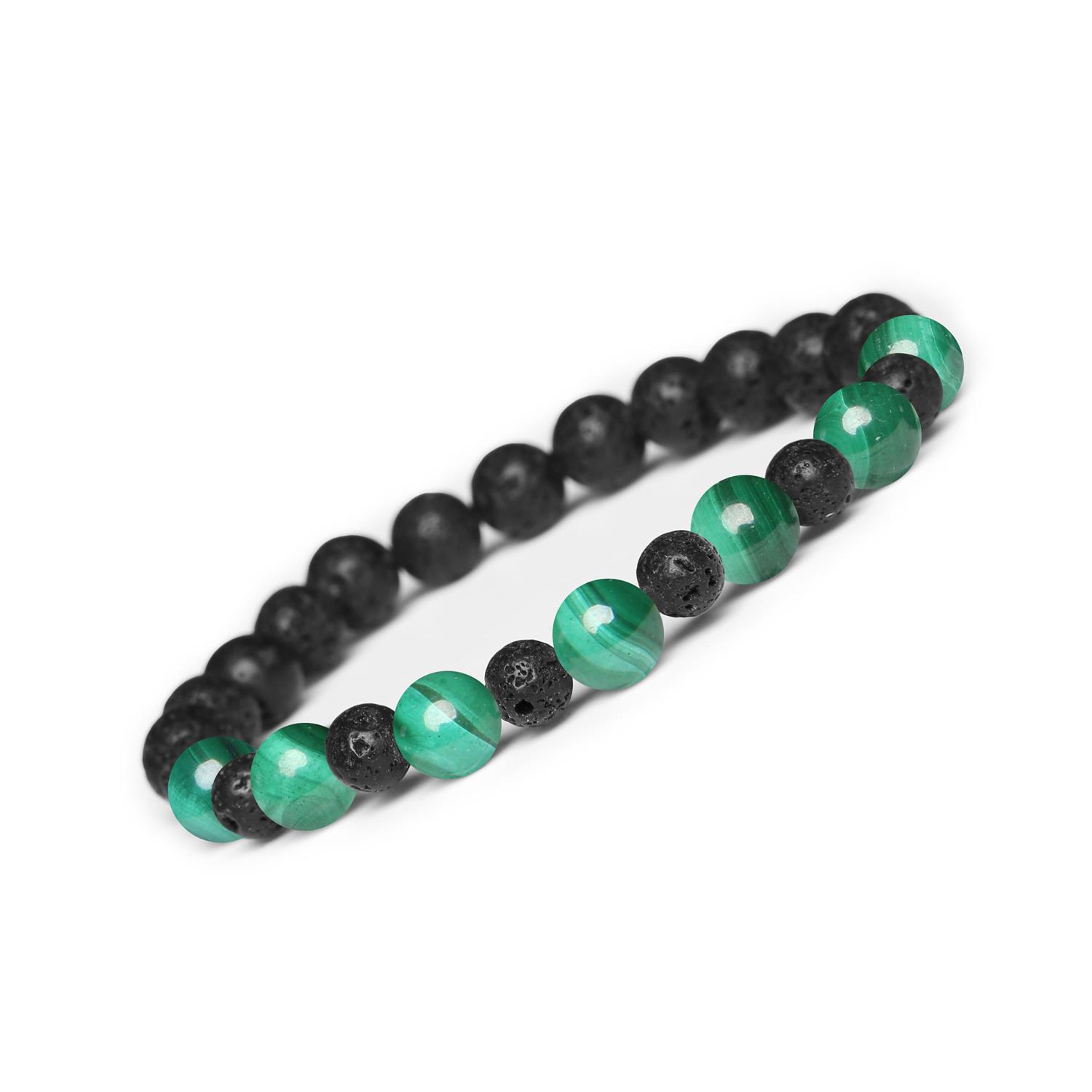 Bransoletka z kamieni naturalnych na gumce z kolekcji Mijaha - Malachit i Lawa Wulkaniczna, idealna dla kobiet Bransoletka Mijaha z naturalnych kamieni, w tym malachitu i lawy wulkanicznej, doskonała na każdą okazję dla obu płci.