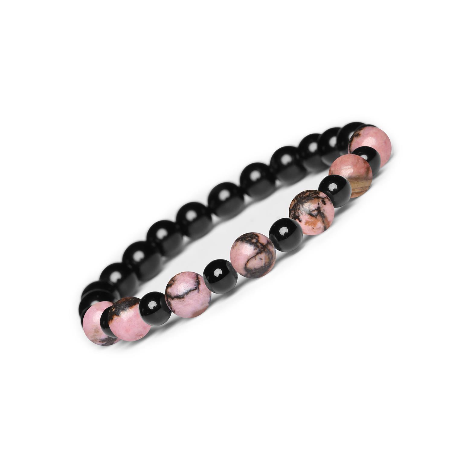 Bransoletka z kamieni naturalnych na gumce z kolekcji Mijaha - Rodonit Różowo-Czarny i Onyks dla kobiet Bransoletka z naturalnych kamieni na gumce w różowo-czarnym rodonicie i onyksie - kolekcja Mijaha dla kobiet i mężczyzn