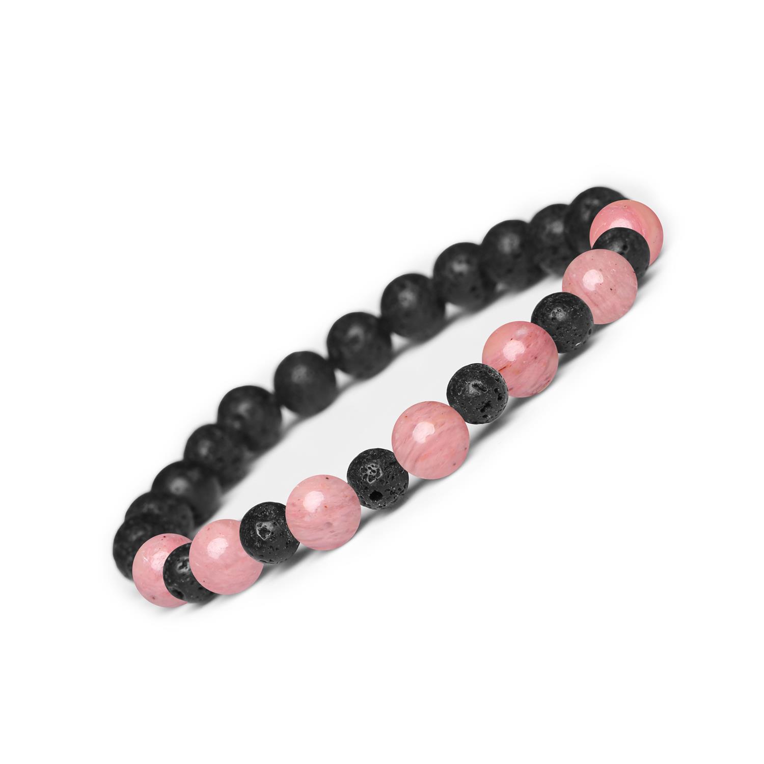 Bransoletka z kamieni naturalnych na gumce z kolekcji Mijaha - Rodonit Różowy i Lawa Wulkaniczna dla Kobiet Bransoletka Mijaha z lawą wulkaniczną i rodonitem różowym - modny akcent dla kobiet i mężczyzn.