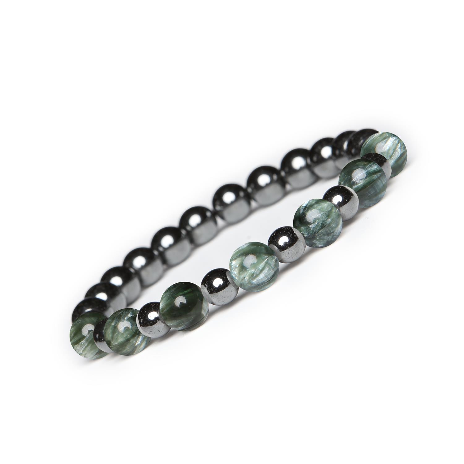 Bransoletka z kamieni naturalnych na gumce z kolekcji Mijaha Serafinit i Hematyt grafitowy, idealna dla Kobiet i M Kolekcja Mijaha: połączenie serafinitu i hematytu grafitowego w biżuterii dla kobiet i mężczyzn, tworzące harmonijny, modny wygląd.