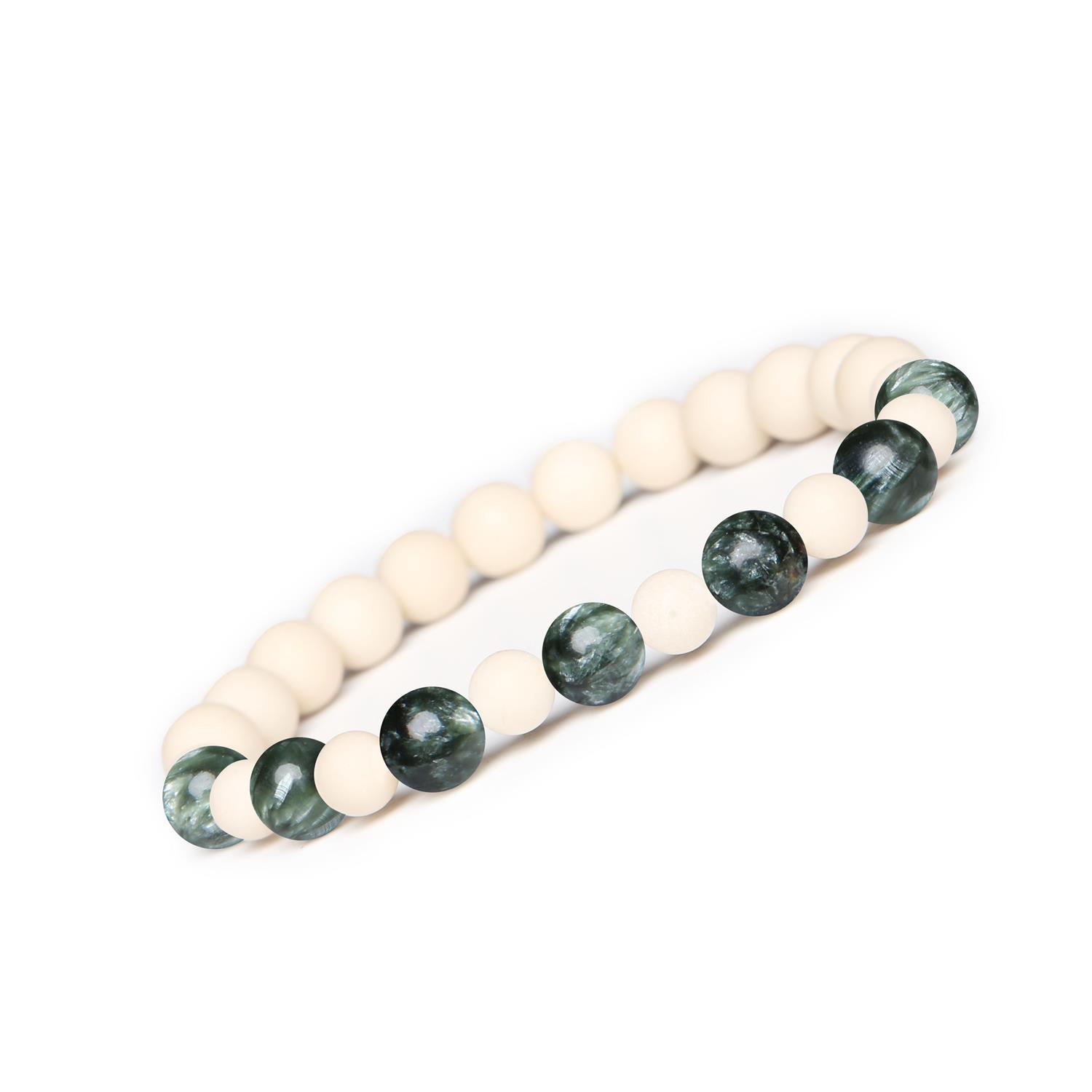 Bransoletka z kamieni naturalnych na gumce z kolekcji Mijaha - Serafinit i Kamień Rzeczny, idealna dla Kobiet Bransoletka Mijaha z serafinitu i kamieni rzecznych, unikalny dodatek dla kobiet i mężczyzn, wykonana z kamieni naturalnych.