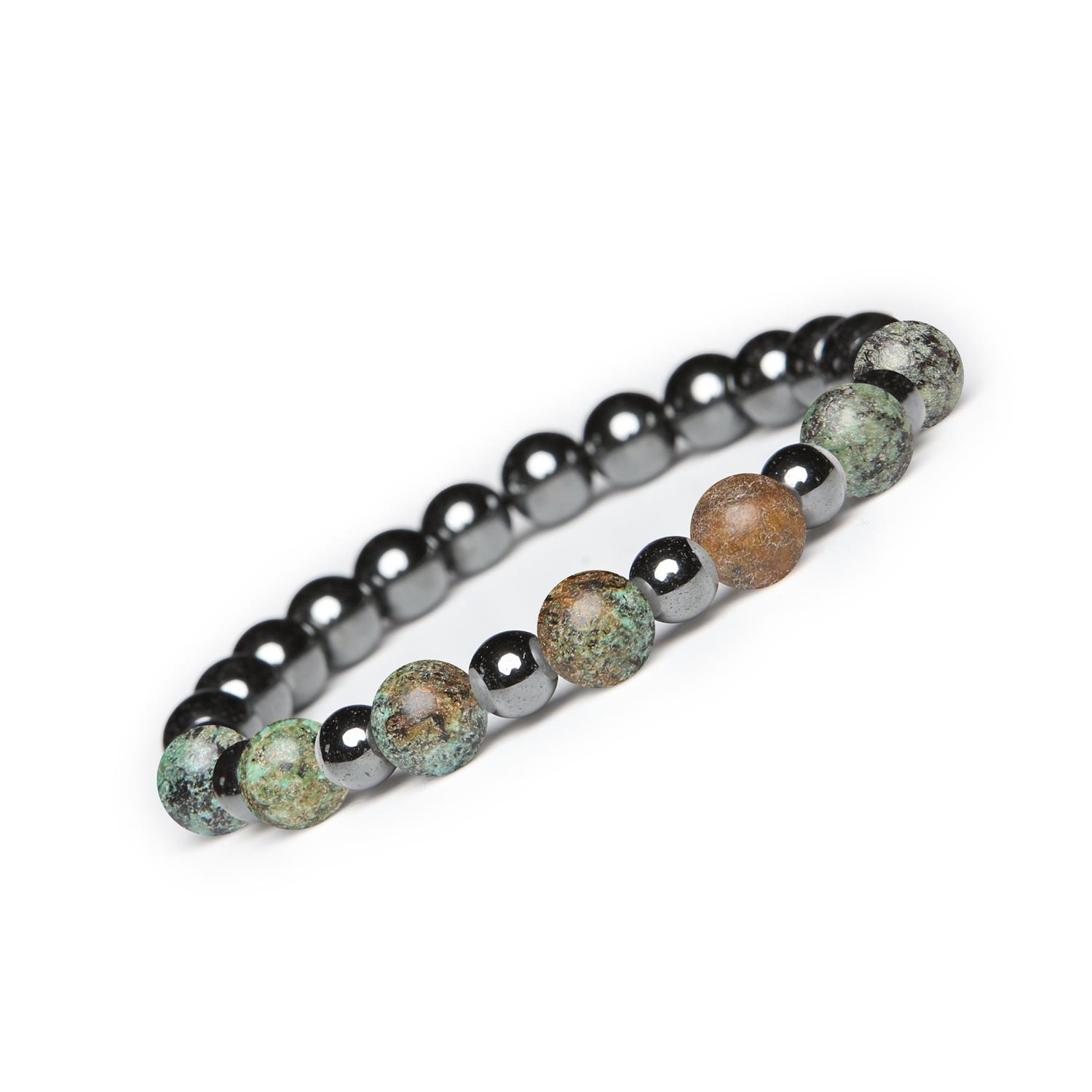 Bransoletka z kamieni naturalnych na gumce z kolekcji Mijaha - Turkus Afrykański, Hematyt grafitowy, dla K Biżuteria kolekcji Mijaha - Turkus Afrykański i Hematyt grafitowy dla wszystkich, niezależnie od płci.