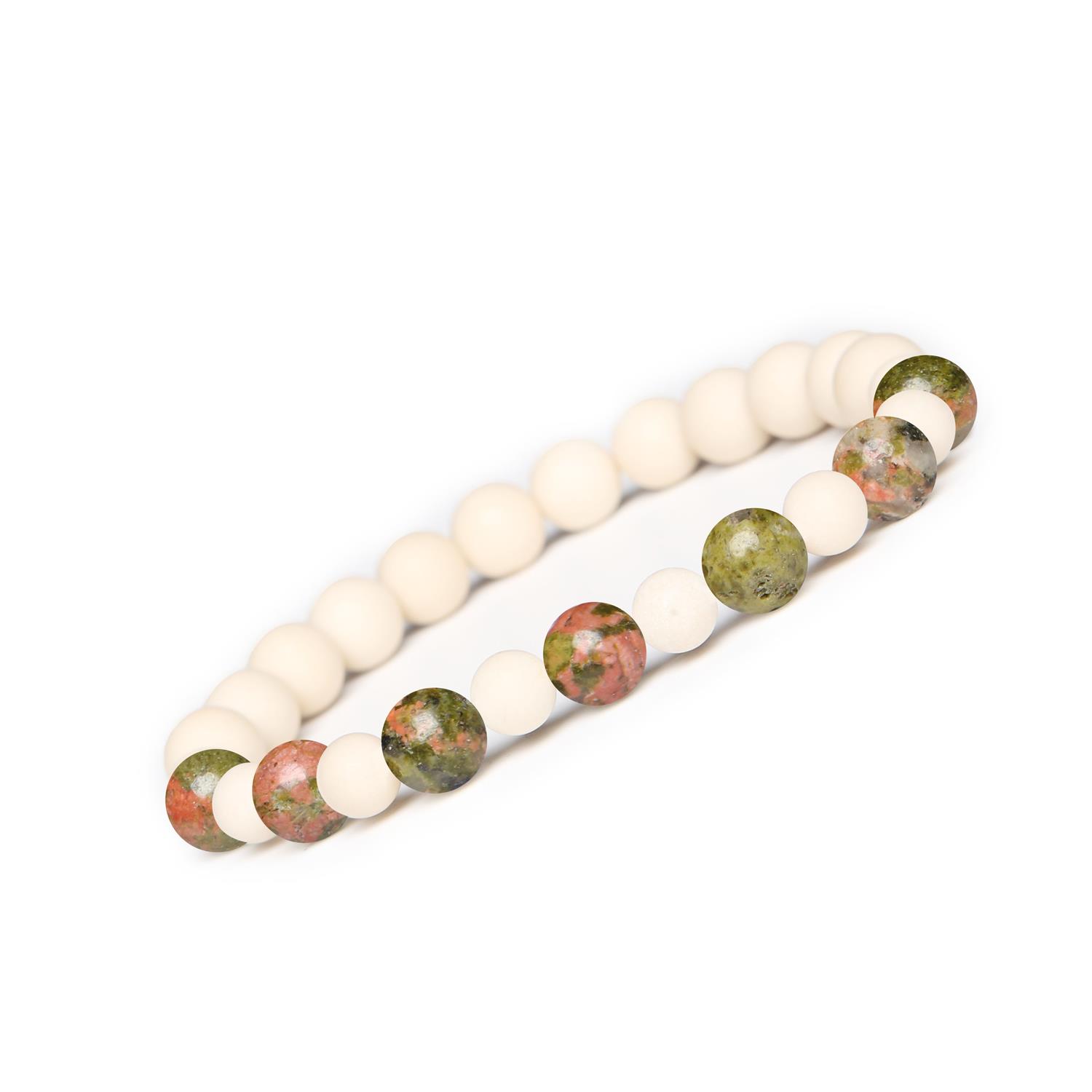 Bransoletka z kamieni naturalnych na gumce z kolekcji Mijaha - Unakit i Kamień Rzeczny dla Kobiet i Mężczyzn Elegancka bransoletka z naturalnych kamieni unakit i kamień rzeczny, dedykowana zarówno kobietom, jak i mężczyznom z kolekcji Mijaha.