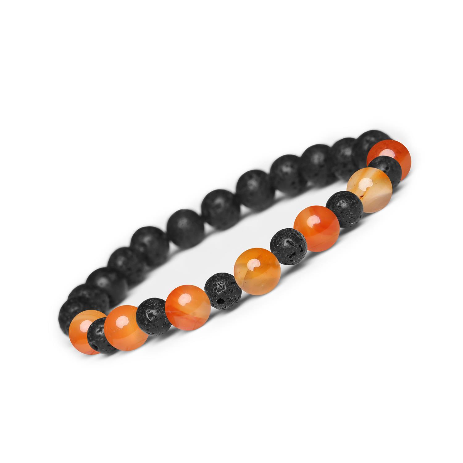 Bransoletka z kamieni naturalnych na gumce z kolekcji Mijaha - karneol i lawa wulkaniczna dla kobiet i mężczyzn Bransoletka Mijaha z naturalnymi kamieniami: karneolem i lawą wulkaniczną, idealna dla kobiet i mężczyzn.