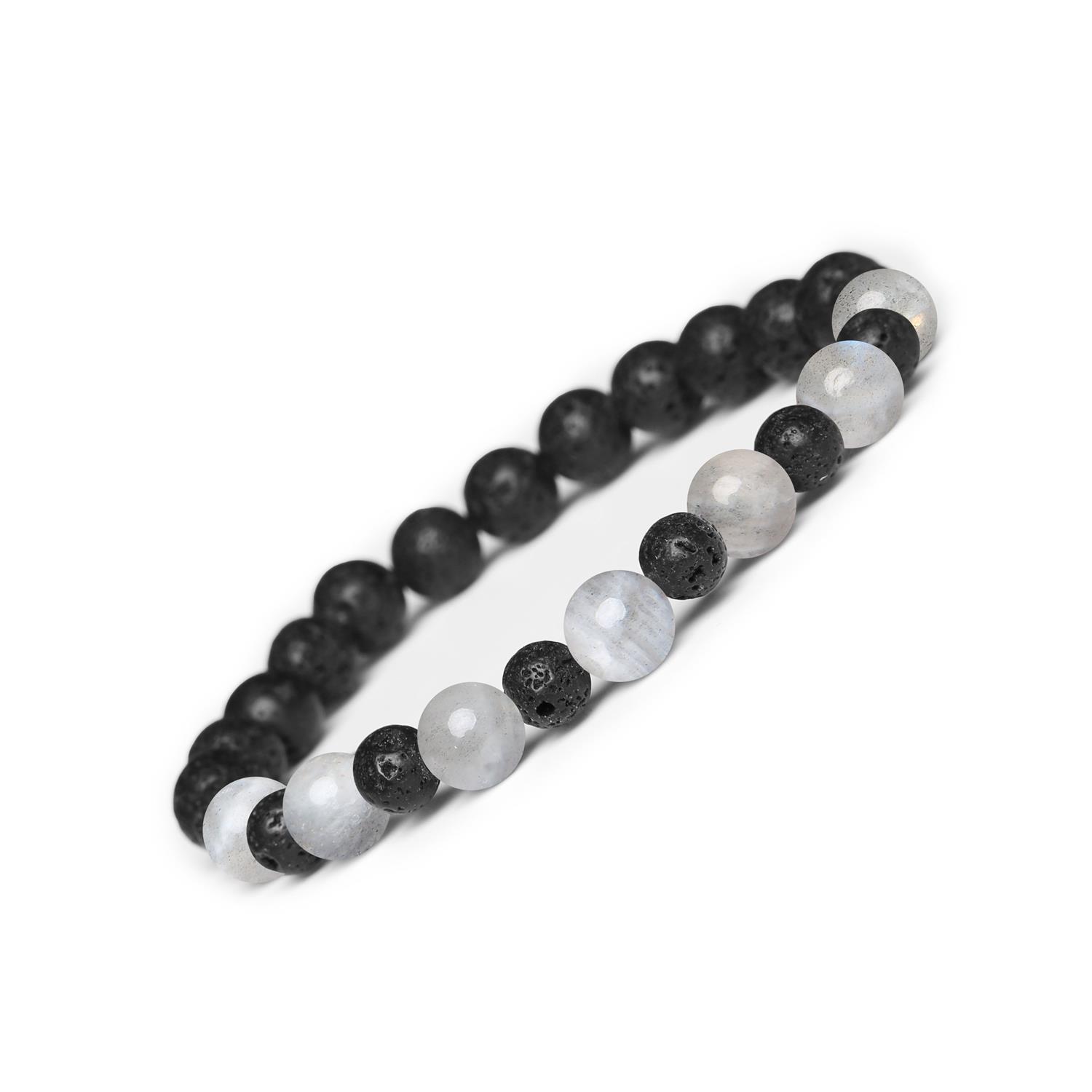 Bransoletka z kamieni naturalnych na gumce z kolekcji Mijaha, labradoryt i lawa wulkaniczna dla kobiet i mężczyzn Bransoletka Mijaha z kamieni Labradoryt i Wulkanicznej Lawy, doskonały dodatek zarówno dla kobiet, jak i mężczyzn.