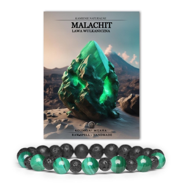 Unikalna bransoletka z kolekcji Mijaha, wykonana z malachitu i lawy wulkanicznej, stworzona z myślą o kobietach i mężczyznach.