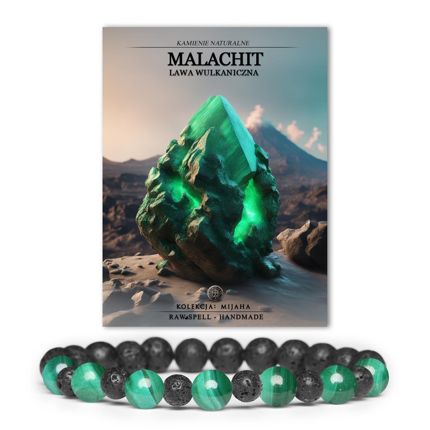 Unikalna bransoletka z kolekcji Mijaha, wykonana z malachitu i lawy wulkanicznej, stworzona z myślą o kobietach i mężczyznach.