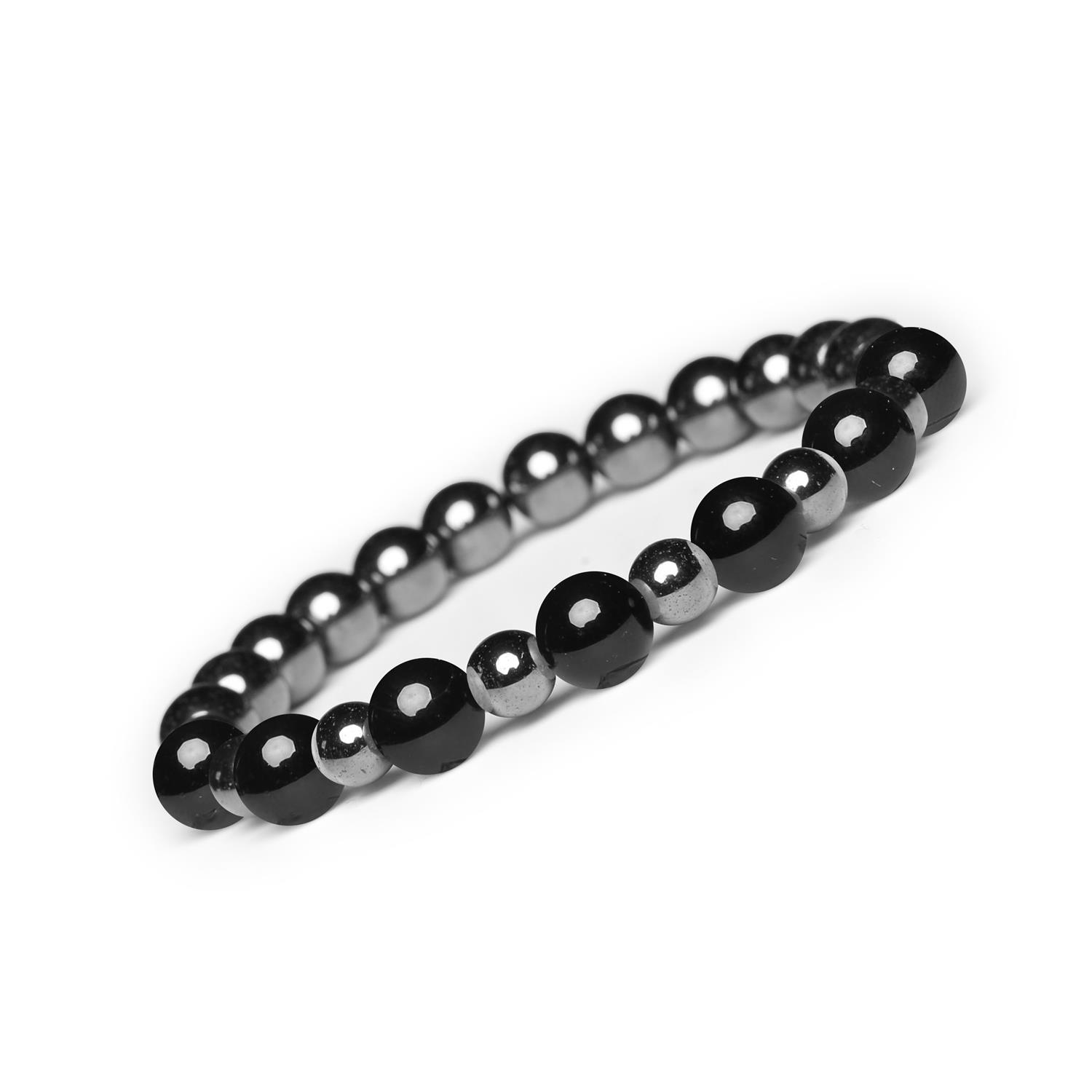 Bransoletka z kamieni naturalnych na gumce z kolekcji Mijaha - onyks i hematyt grafitowy dla Kobiet i Mężczyzn Kolekcja Mijaha: stylowa biżuteria z onyksu i hematytu grafitowego, dla kobiet i mężczyzn.