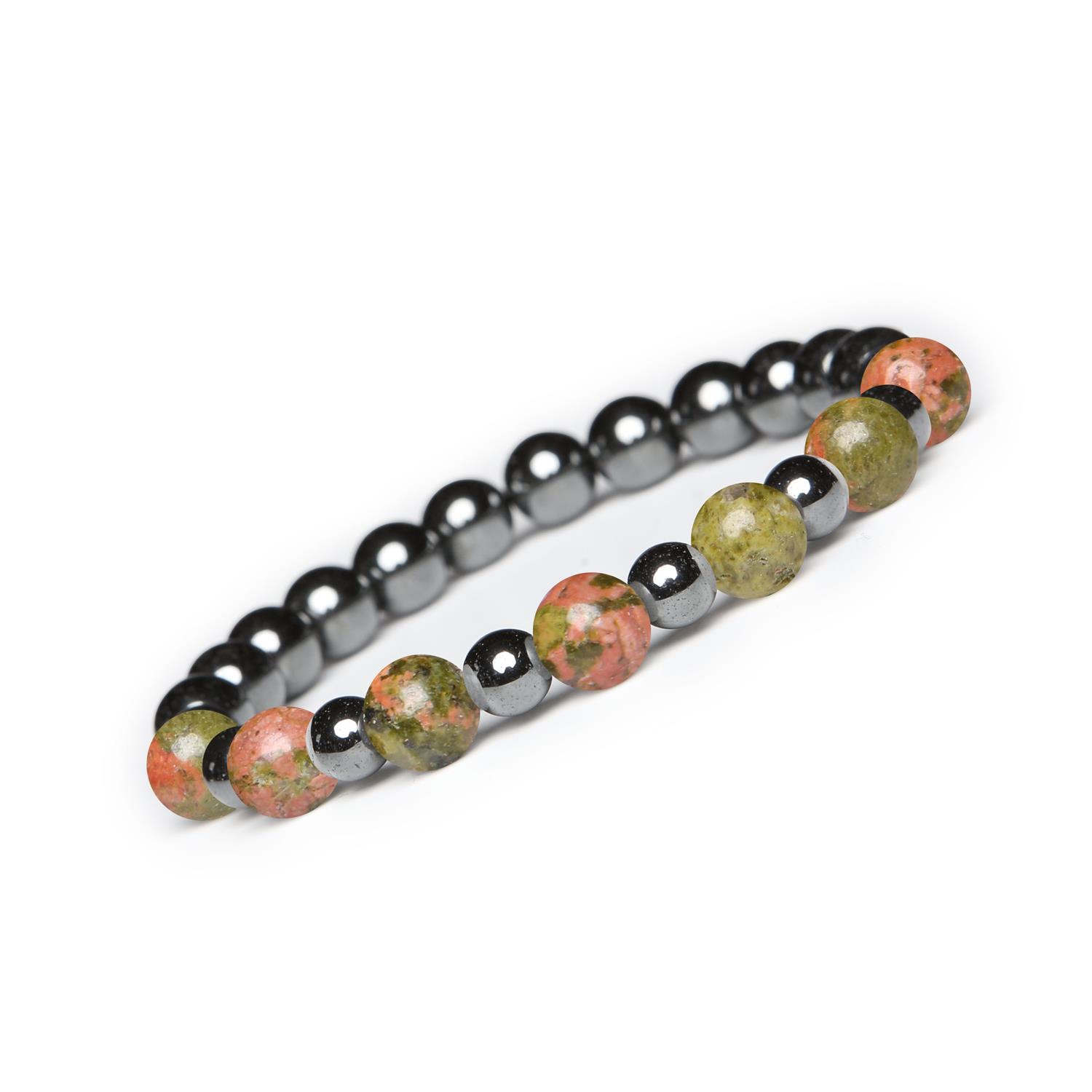 Bransoletka z kamieni naturalnych na gumce z kolekcji Mijaha - unakit i hematyt grafitowy, idealna dla kobiet i mężcz Stylowa biżuteria z unakitu i hematytu grafitowego dla kobiet i mężczyzn, prezentująca unikatowy design kolekcji Mijaha.