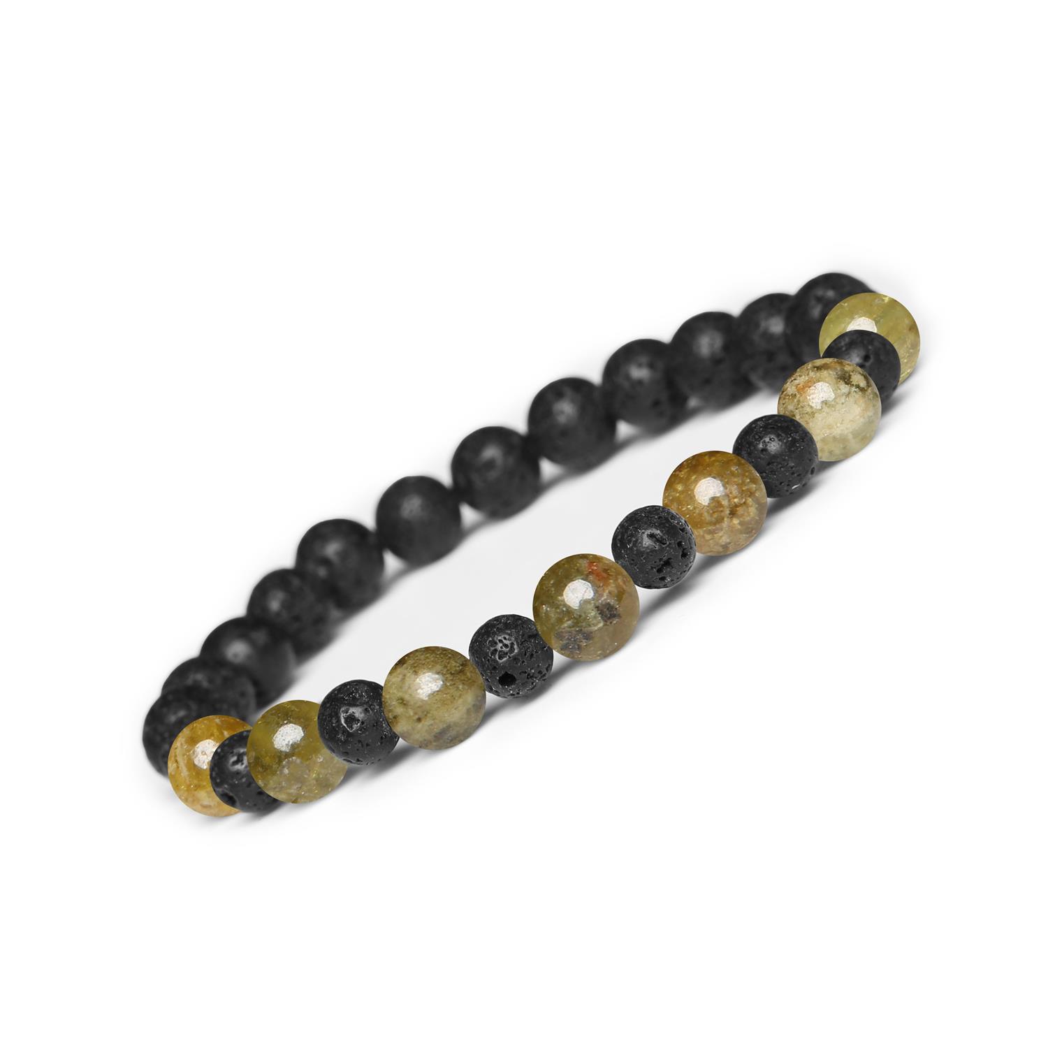 Bransoletka z kamieni naturalnych na gumce z kolekcji Mijaha w kolorze Granat Zielony i Lawa Wulkaniczna, idea Kreatywny wzór lawy wulkanicznej w odcieniach granatu i zieleni, dedykowany kobietom i mężczyznom.