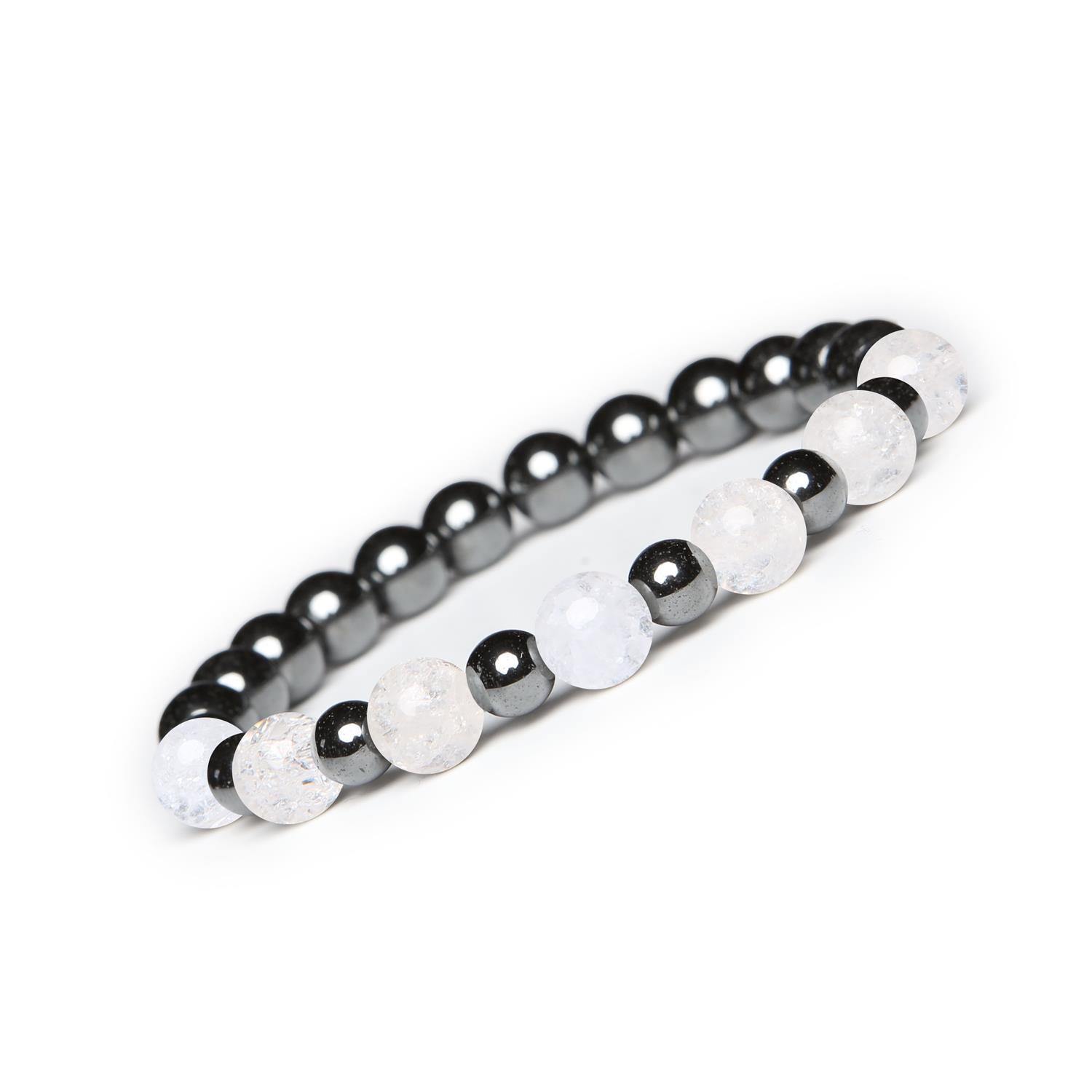 Bransoletka z kamieni naturalnych na gumce z kolekcji Mijaha z Kryształem Górskim Lodowym i Hem Elegancki zestaw kryształu górskiego lodowego oraz hematytu grafitowego – idealny wybór dla kobiet i mężczyzn.