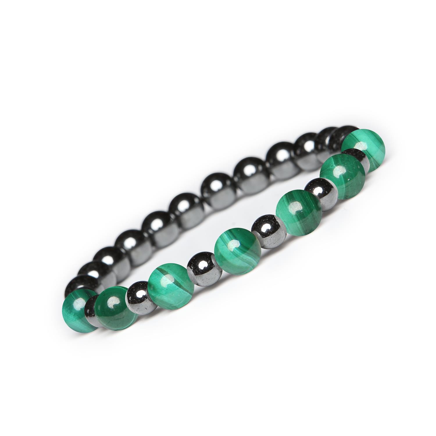 Bransoletka z kamieni naturalnych na gumce z kolekcji Mijaha – Malachit i Hematyt grafitowy, dla Kobiet i Mężczyzn Stylowe dodatki z malachitu i hematytu grafitowego z kolekcji Mijaha - idealne dla kobiet i mężczyzn."
