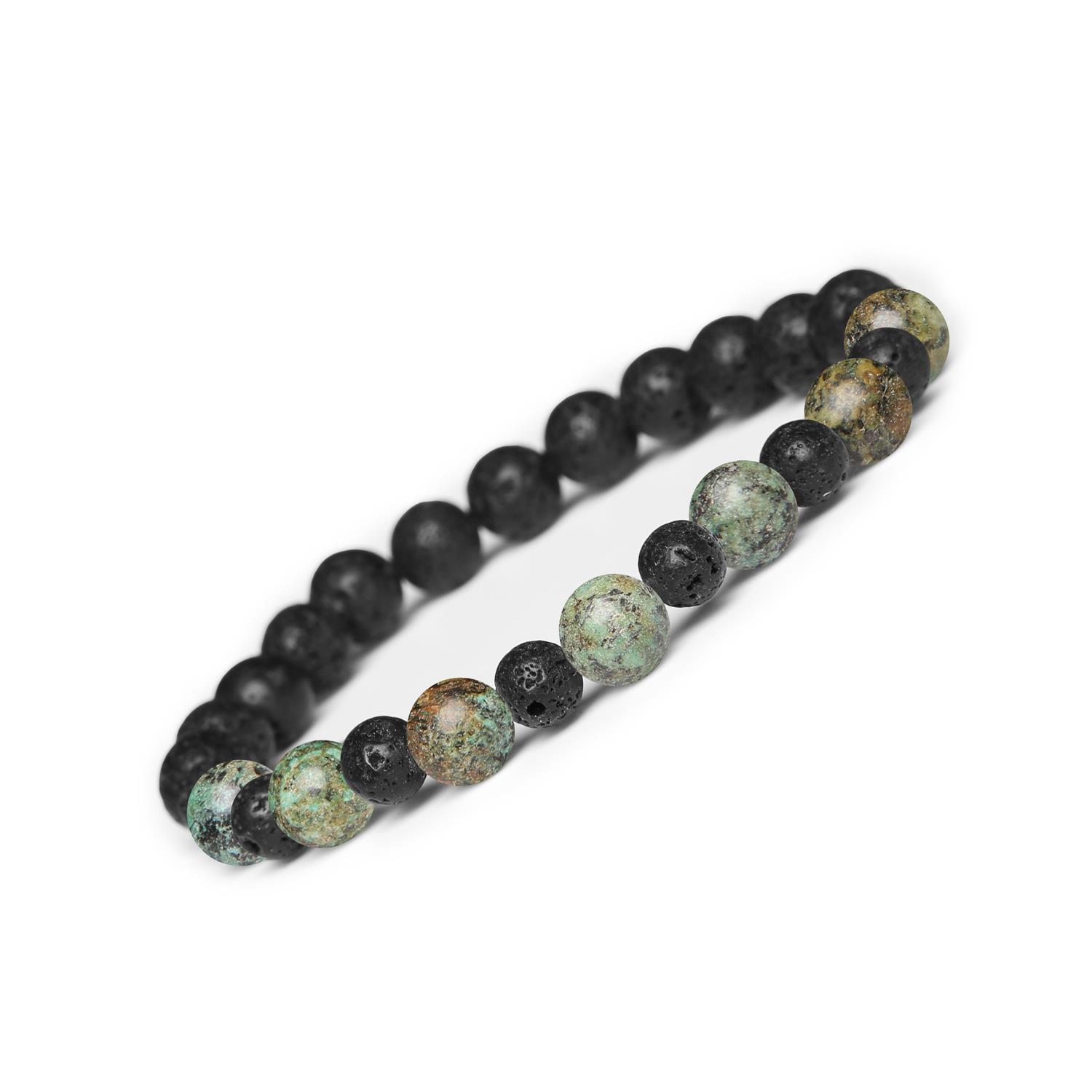 Bransoletka z kamieni naturalnych na gumce z kolekcji Mijaha – Turkus Afrykański i Lawa Wulkaniczna Elegancka bransoletka z kolekcji Mijaha z kamieniami: Turkus Afrykański oraz Lawa Wulkaniczna, doskonała dla obu płci.