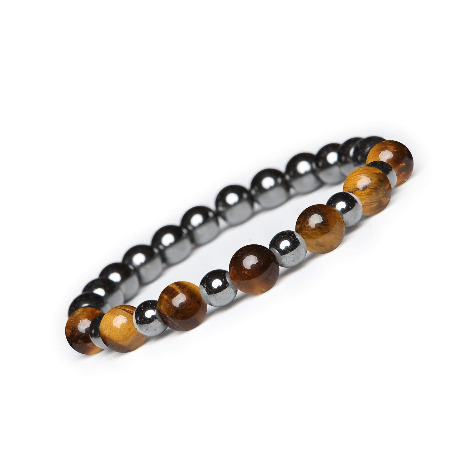 Bransoletka z kamieni naturalnych na gumce z kolekcji Mijaha – Tygrysie Oko i Hematyt grafitowy dla Kobiet i Mę Stylowa biżuteria dla kobiet i mężczyzn z Tygrysim Okiem oraz Hematytem grafitowym z linii Mijaha.