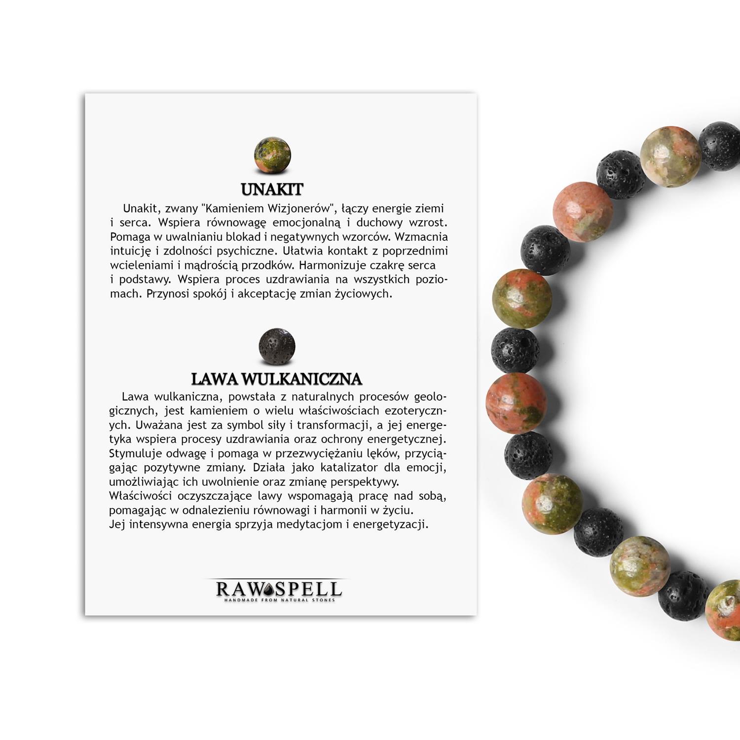 Bransoletka z kamieni naturalnych unakit i lawa wulkaniczna na gumce z kolekcji Mijaha dla kobiet oraz mężczyzn Bransoletka z kamieniami naturalnymi unakit i lawą wulkaniczną z kolekcji Mijaha - modny akcent dla każdego.