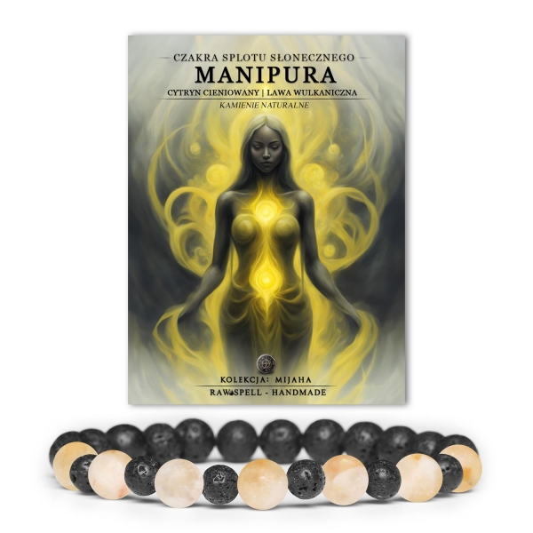 Kolekcjonerska bransoletka Mijaha, łącząca energię czakry Manipura z cytrynem cieniowanym i wulkaniczną lawą, wykonana z naturalnych kamieni.