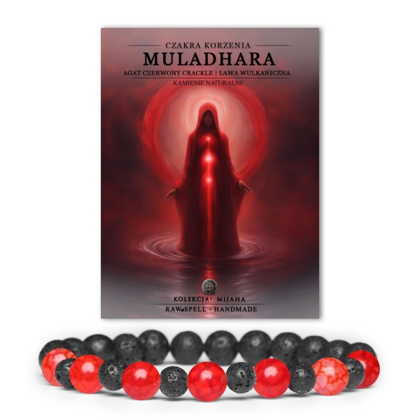 Stylowa bransoletka z czerwonym agatowym cracklem i lawą wulkaniczną, odzwierciedlająca energię czakry korzenia Muladhara, kolekcja Mijaha.
