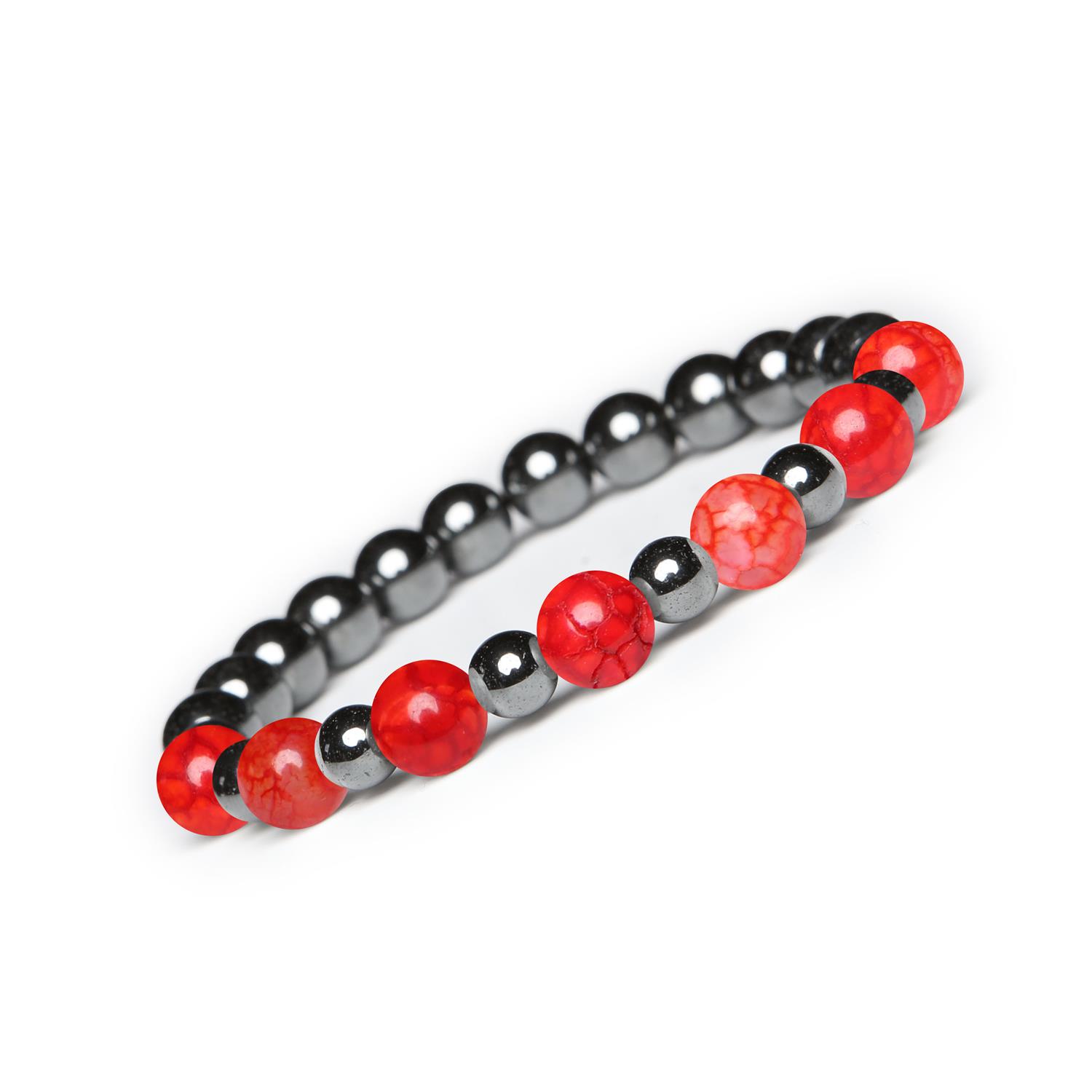 Bransoletka z kamieni naturalnych z kolekcji Mijaha - Agat Czerwony Crackle i Hematyt grafitowy dla Ko Stylowy naszyjnik z Agatu Czerwonego Crackle i Hematytu grafitowego, idealny dla kobiet i mężczyzn - kolekcja Mijaha.