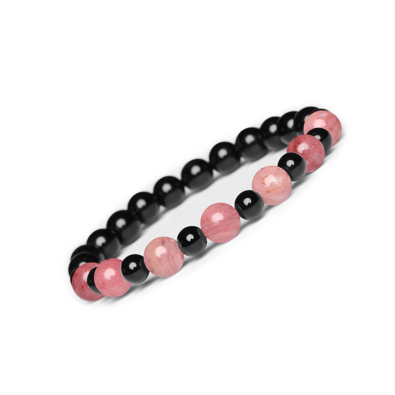 Bransoletka z kamieni naturalnych z kolekcji Mijaha - Rodonit Różowy i Onyks dla kobiet i mężczyzn Rodonit Różowy i Onyks w bransoletce z kolekcji Mijaha - naturalne kamienie na gumce dla kobiet i mężczyzn