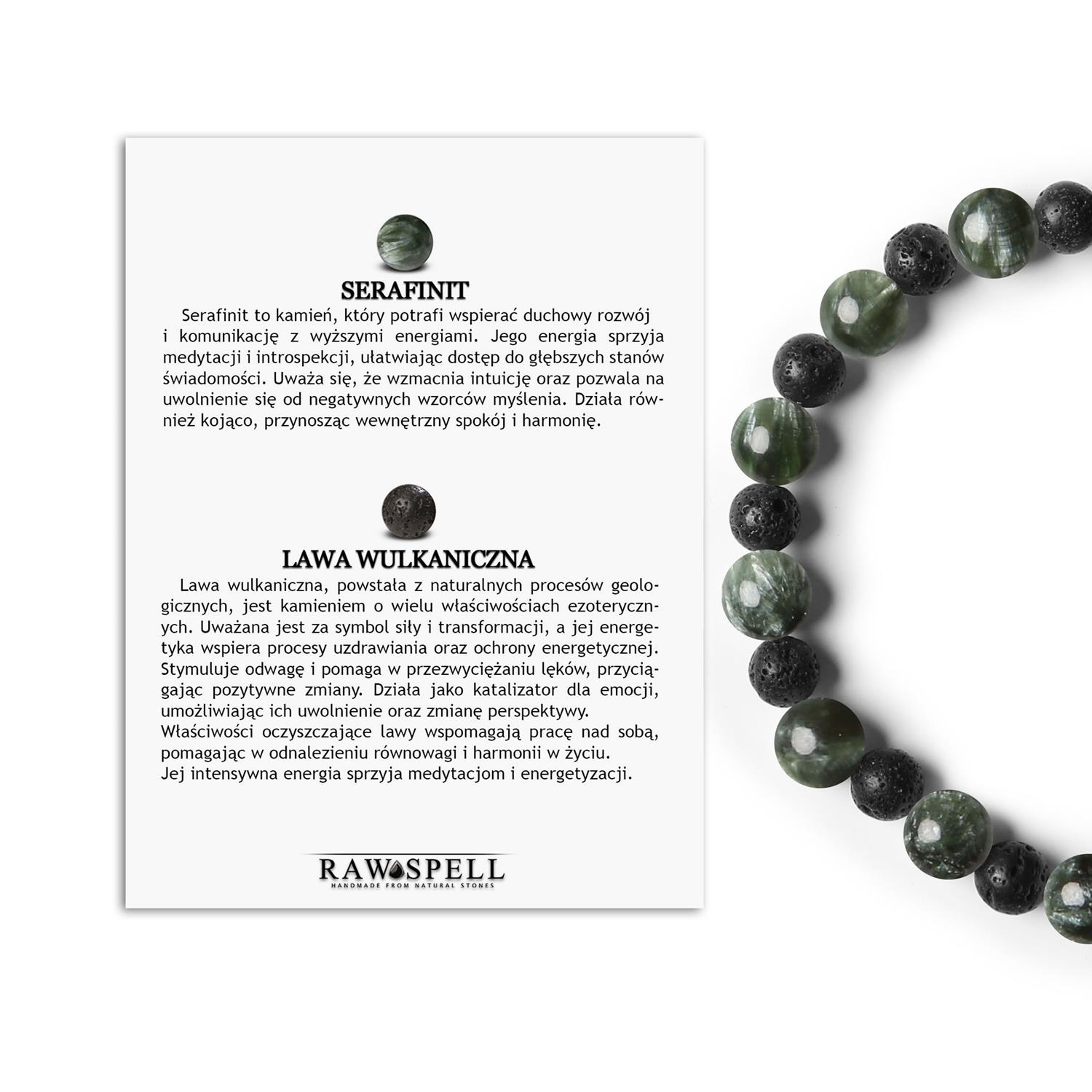 Bransoletka z kanoni kamieni naturalnych, w tym serafinit i lawa wulkaniczna, dla kobiet i mężczyzn Unikalna bransoletka na gumce z kamieni naturalnych: serafinit oraz lawa wulkaniczna dla każdego