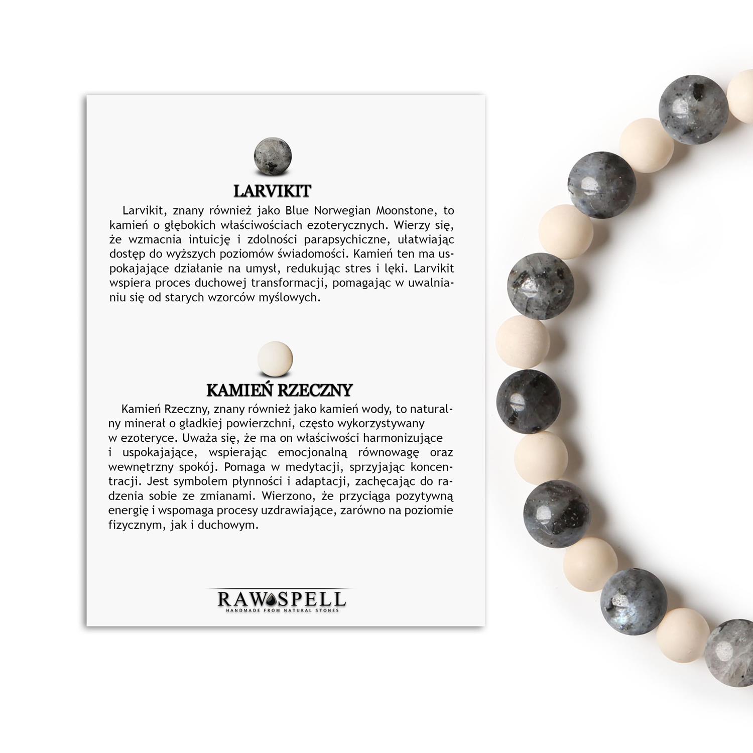 Bransoletka z kolekcji Mijaha - Larvikit i Kamień Rzeczny, idealna dla Kobiet i Mężczyzn Elegancka bransoletka Mijaha z kamieni naturalnych, w tym larvikitu i kamienia rzecznego, dedykowana zarówno kobietom, jak i mężczyznom.