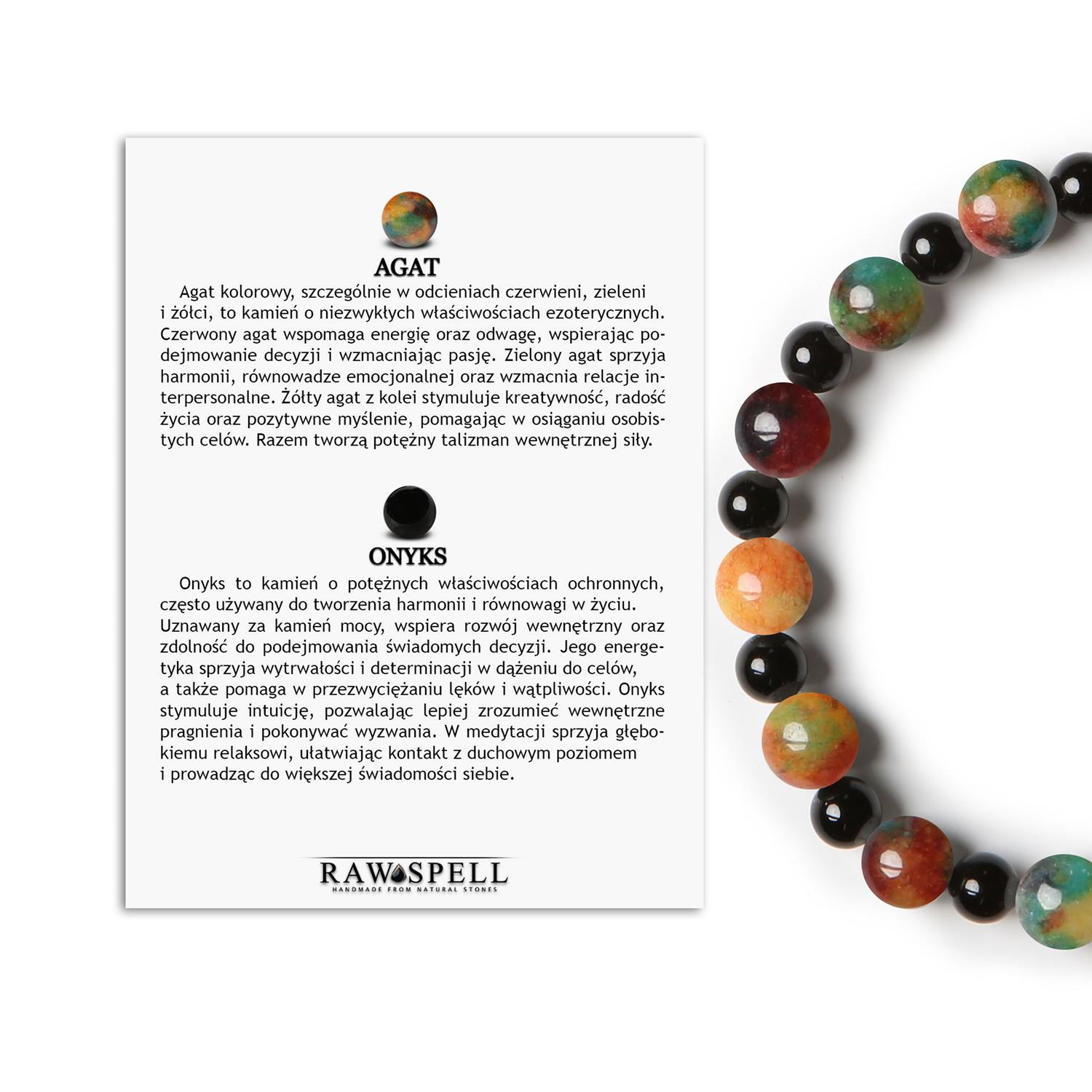 Bransoletka z kolekcji Mijaha - agat i onyks na gumce, doskonały wybór dla kobiet i mężczyzn Naturalna bransoletka z kamieni Mijaha z agatu i onyxu, pasująca do każdego stylu