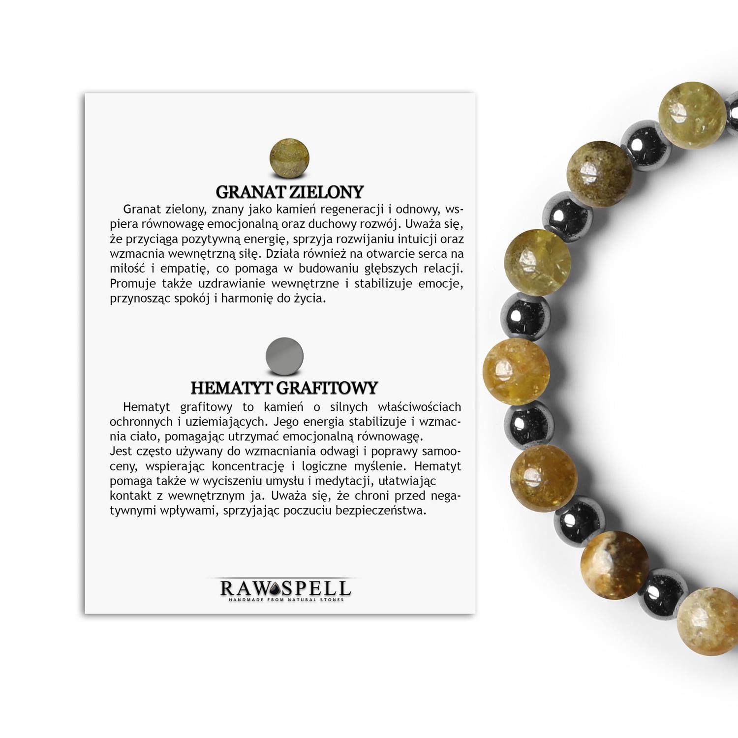 Bransoletka z kolekcji Mijaha, wykonana z granatu zielonego i hematytu grafitowego, idealna dla każdego Kolekcja Mijaha: biżuteria w granatowej i zielonej palecie, uzupełniona hematytowym grafitem, stworzona dla kobiet i mężczyzn.