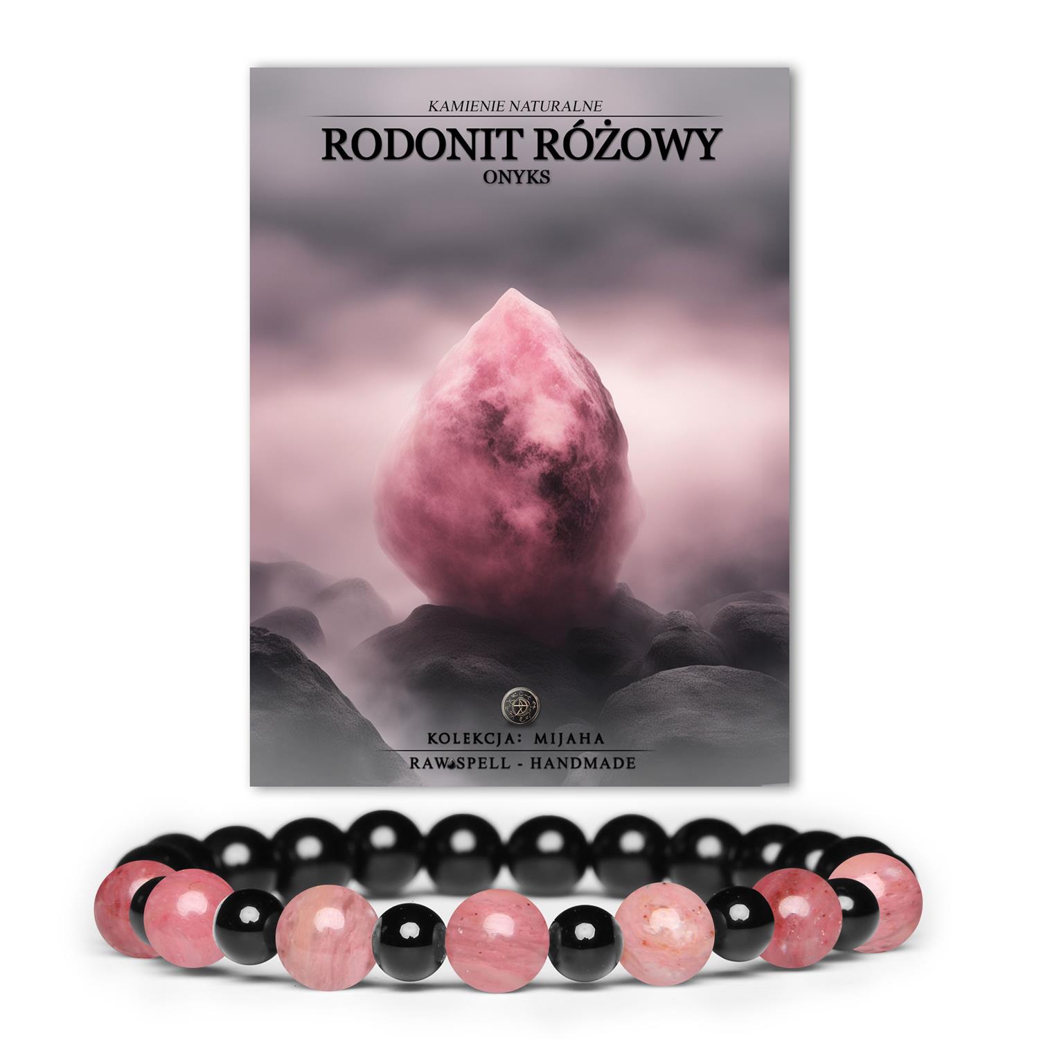 Bransoletka na gumce z kolekcji Mijaha - Rodonit Różowy i Onyks, doskonała dla obu płci