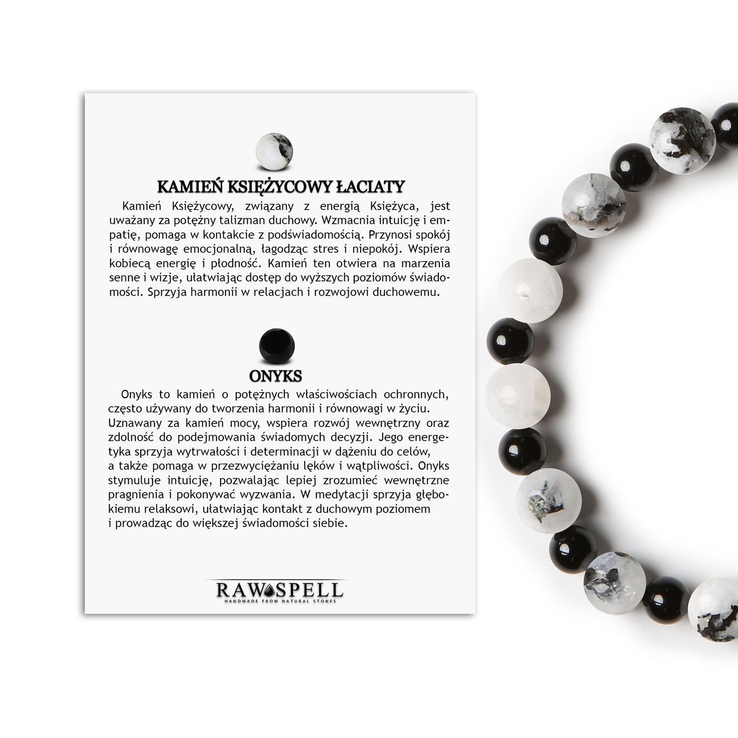 Bransoletka z kolekcji Mijaha, z gumy i kamieni naturalnych Kamień Księżycowy Łaciaty, Onyks, unisex Bransoletka z kamieni naturalnych na gumce z kolekcji Mijaha - Kamień Księżycowy Łaciaty i Onyks, dla kobiet i mężczyzn