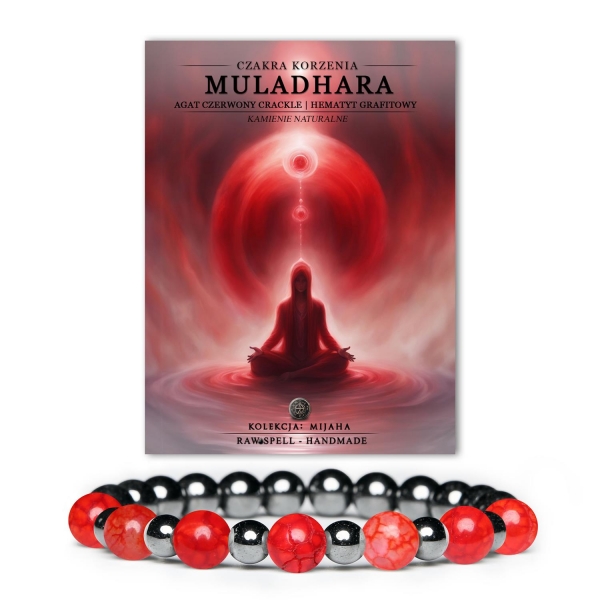 Bransoletka z naturalnych kamieni, czakra Muladhara - Agat Czerwony Crackle i Hematyt Grafitowy, kolekcja Mijah. Energetyzuj swoją przestrzeń.