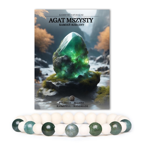 Bransoletka Mijaha z naturalnymi kamieniami: agat mszysty i kamień rzeczny, unisex.