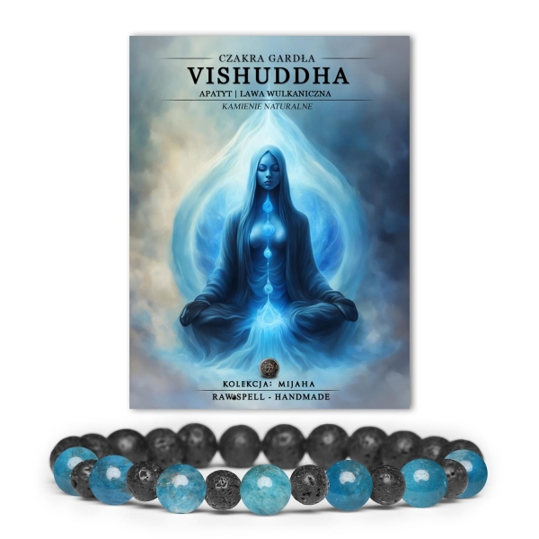 Tajemnicza bransoletka z czakry gardła Vishuddh, apatyt i lawa wulkaniczna - elegancka biżuteria z kolekcji Mijaha.