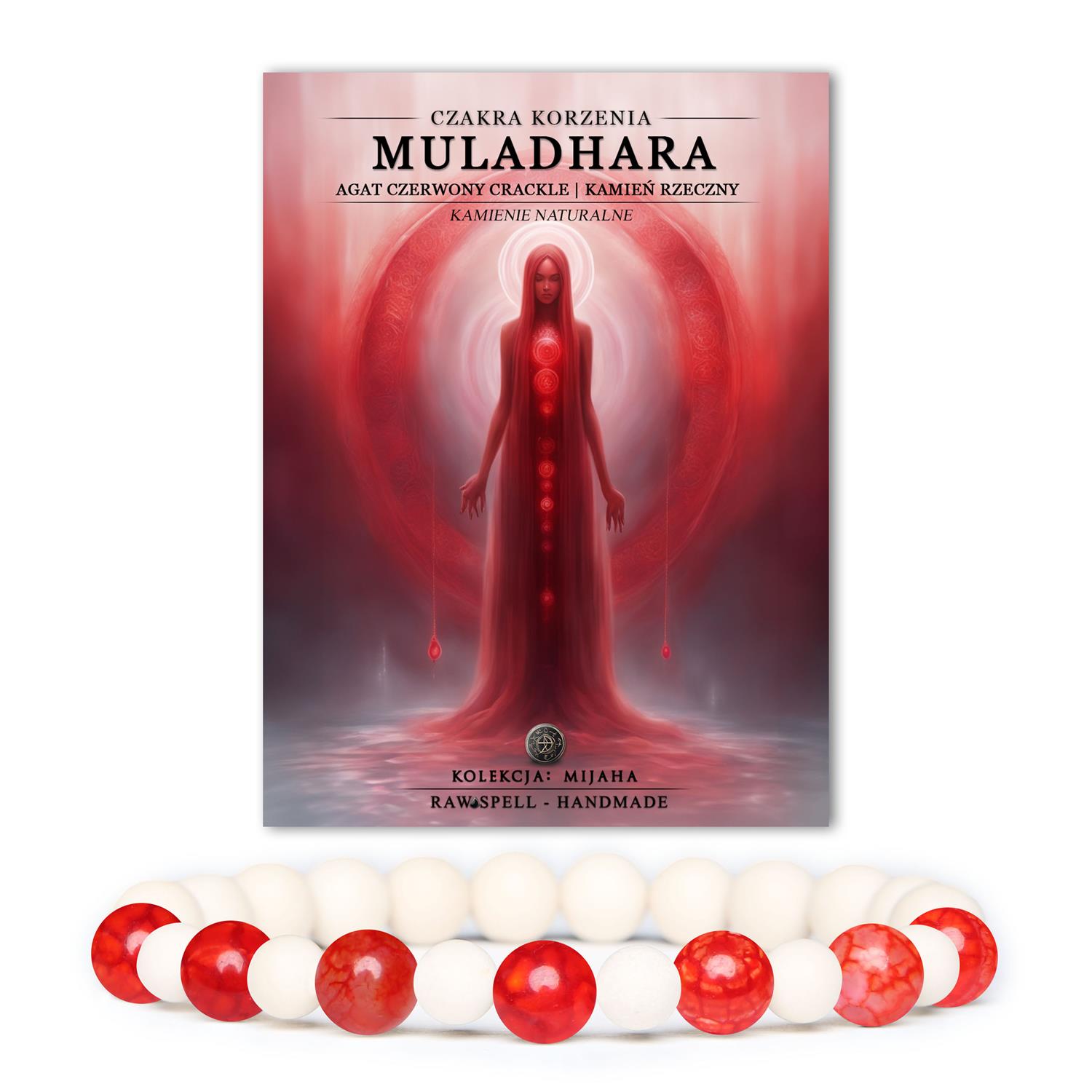 Ciekawa bransoletka z kamieni rzecznych i Czerwonego Agatu Crackle, wzmacniająca czakrę korzenia Muladhara - kolekcja Mijaha.