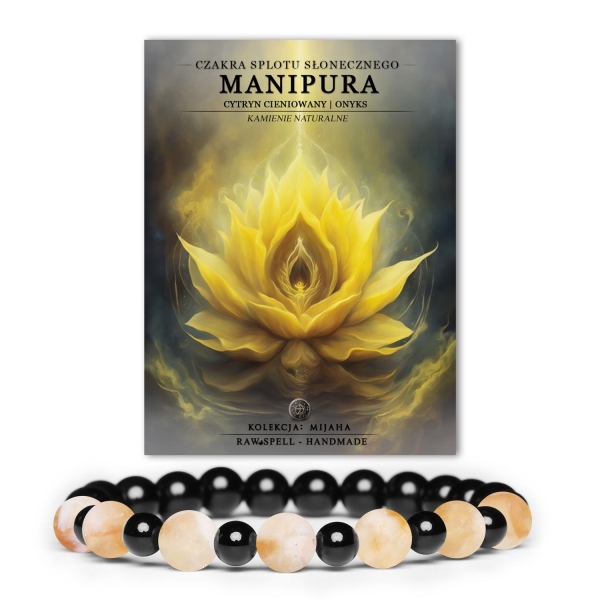 Elegancka bransoletka z kamieni naturalnych, zasilająca energię czakry Manipura, zdobiona cieniowanym cytrynem i onyksowym akcentem.