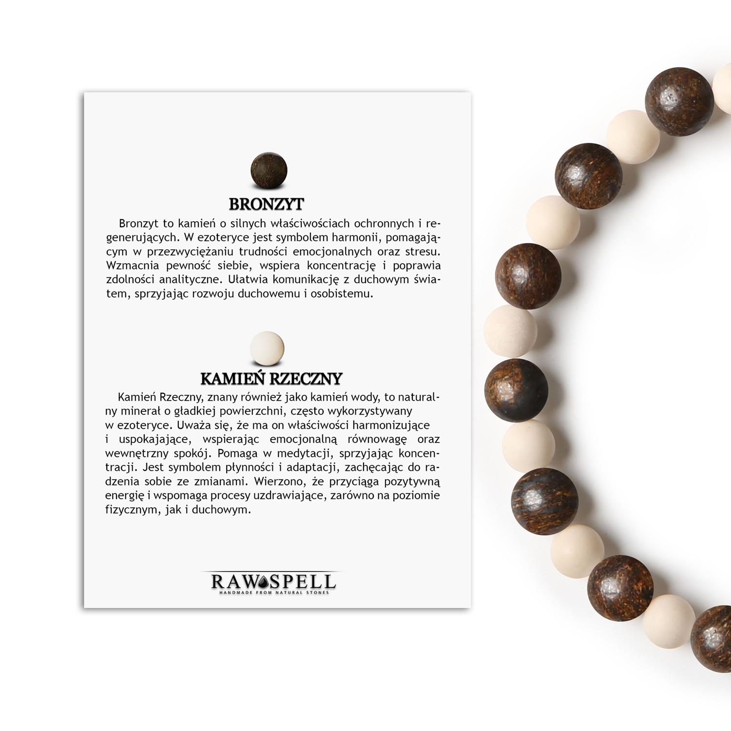 Bransoletka z naturalnych kamieni na gumce Mijaha - Bronzyt i Kamień Rzeczny dla wszystkich Stylowa bransoletka z kolekcji Mijaha, zawierająca naturalne kamienie bronzyt i kamień rzeczny, unisex.