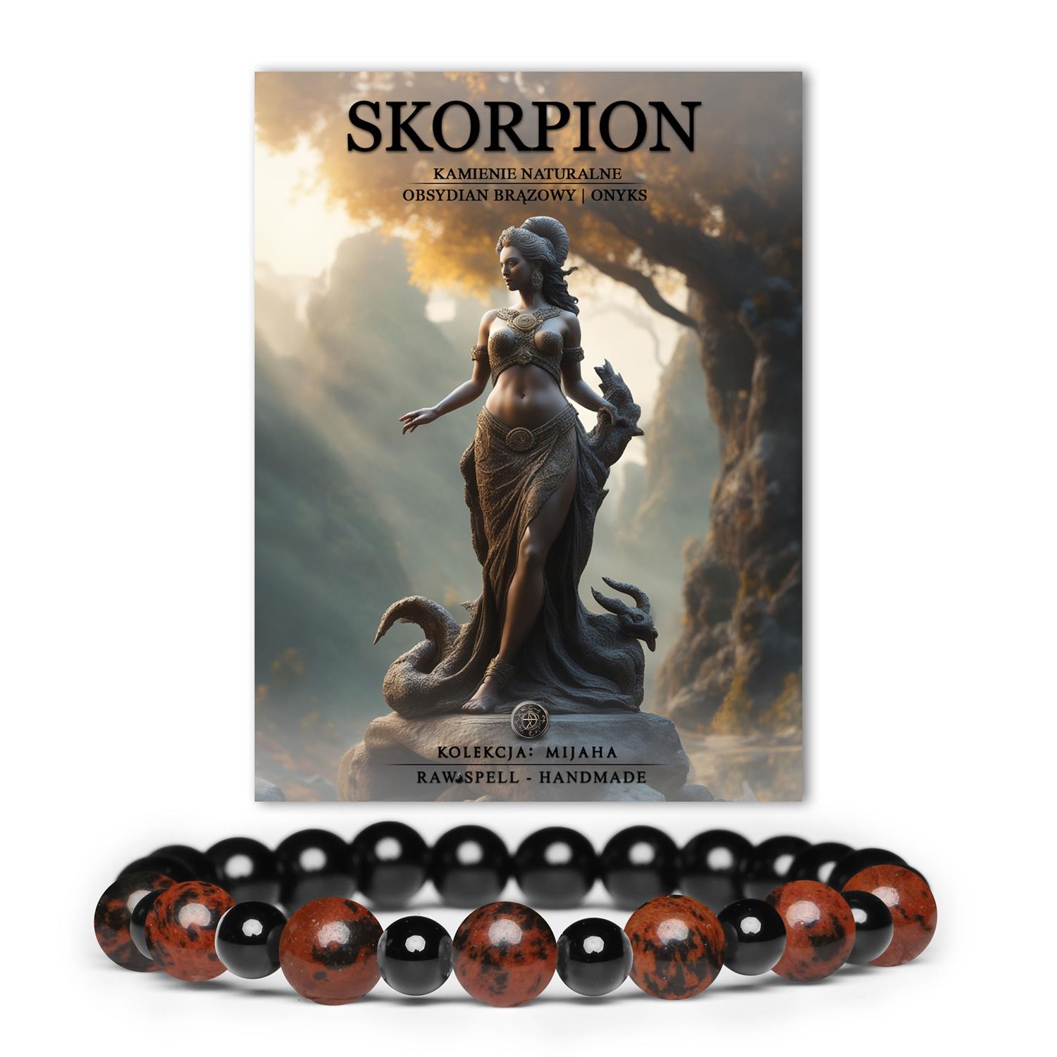 Stylowa bransoletka Skorpion z obsydianu brązowego i onksu - idealna dla kobiet i mężczyzn. Sprawdź kolekcję Mijaha.