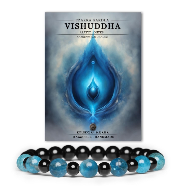 Naturalna bransoletka z czakrą gardła Vishuddh, zdobiona apatytami i onyksami. Idealna dla miłośników wyjątkowych akcesoriów.