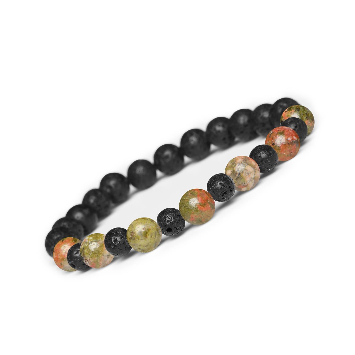 Bransoletka z naturalnych kamieni unakit i lawy wulkanicznej na gumce z kolekcji Mijaha dla kobiet i mężczyzn Uniwersalna bransoletka Mijaha z kamieniami unakit i lawą wulkaniczną - doskonały wybór dla kobiet i mężczyzn.