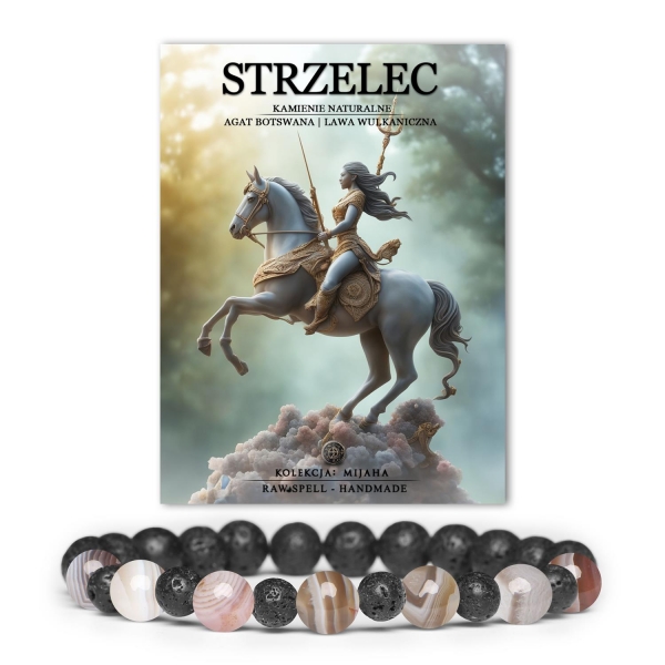 Stylowa bransoletka dla Strzelca, wykonana z Agatu Botswany i Lawy Wulkanicznej, idealna zarówno dla kobiet, jak i mężczyzn.