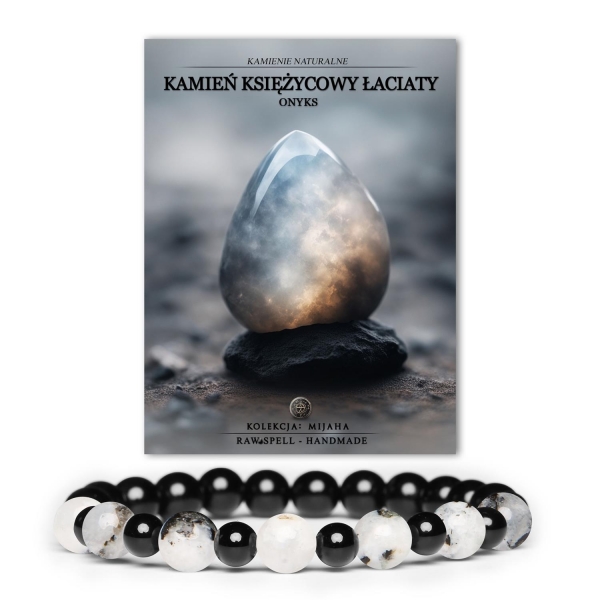 Naturalna bransoletka na gumce z Kamieniem Księżycowym Łaciatym i Onyksami z kolekcji Mijaha, dla wszystkich płci