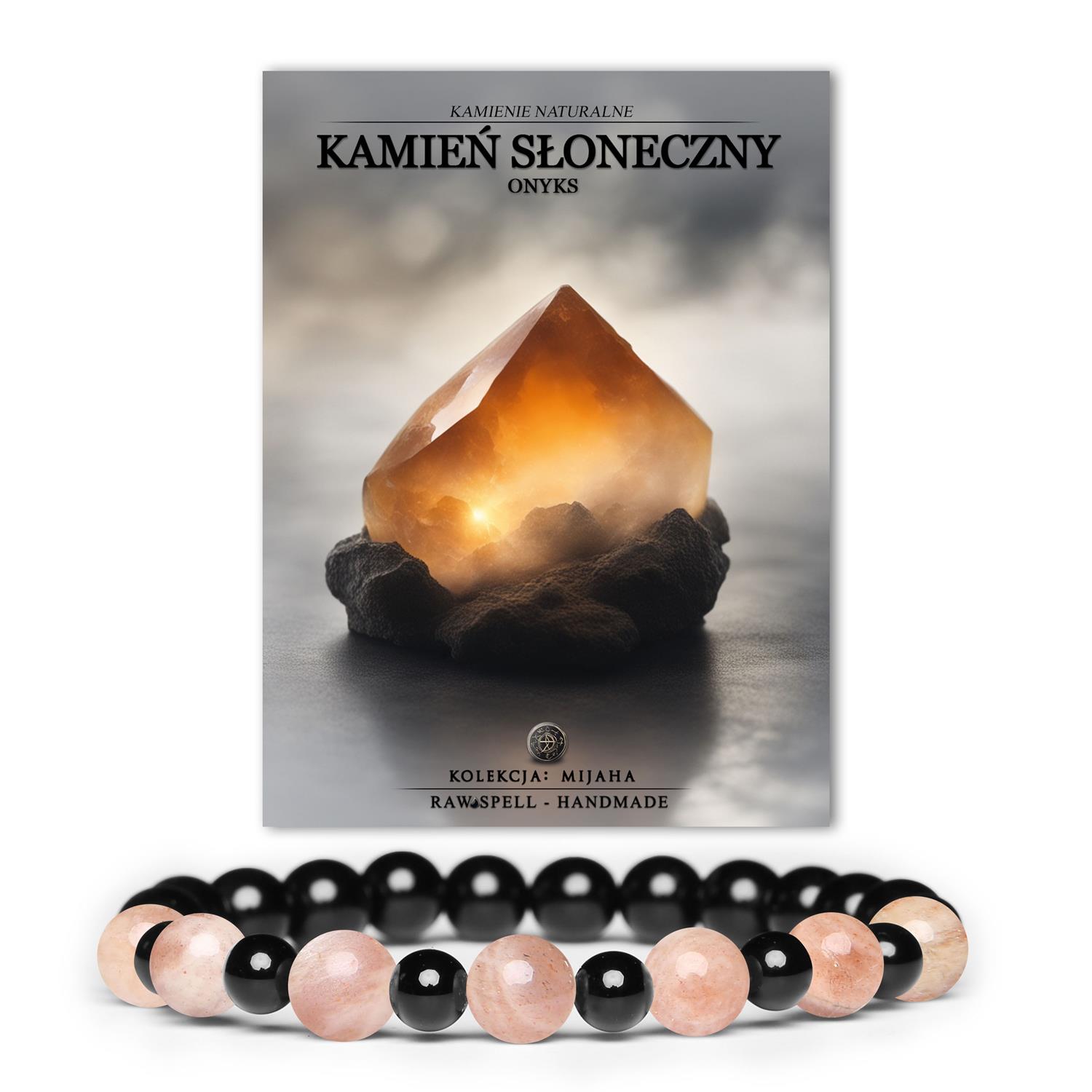 Mijaha – bransoletka z kamieni naturalnych na gumce, zaliczająca Kamień Słoneczny i Onyks, uniwersalna dla kobiet i mężczyzn
