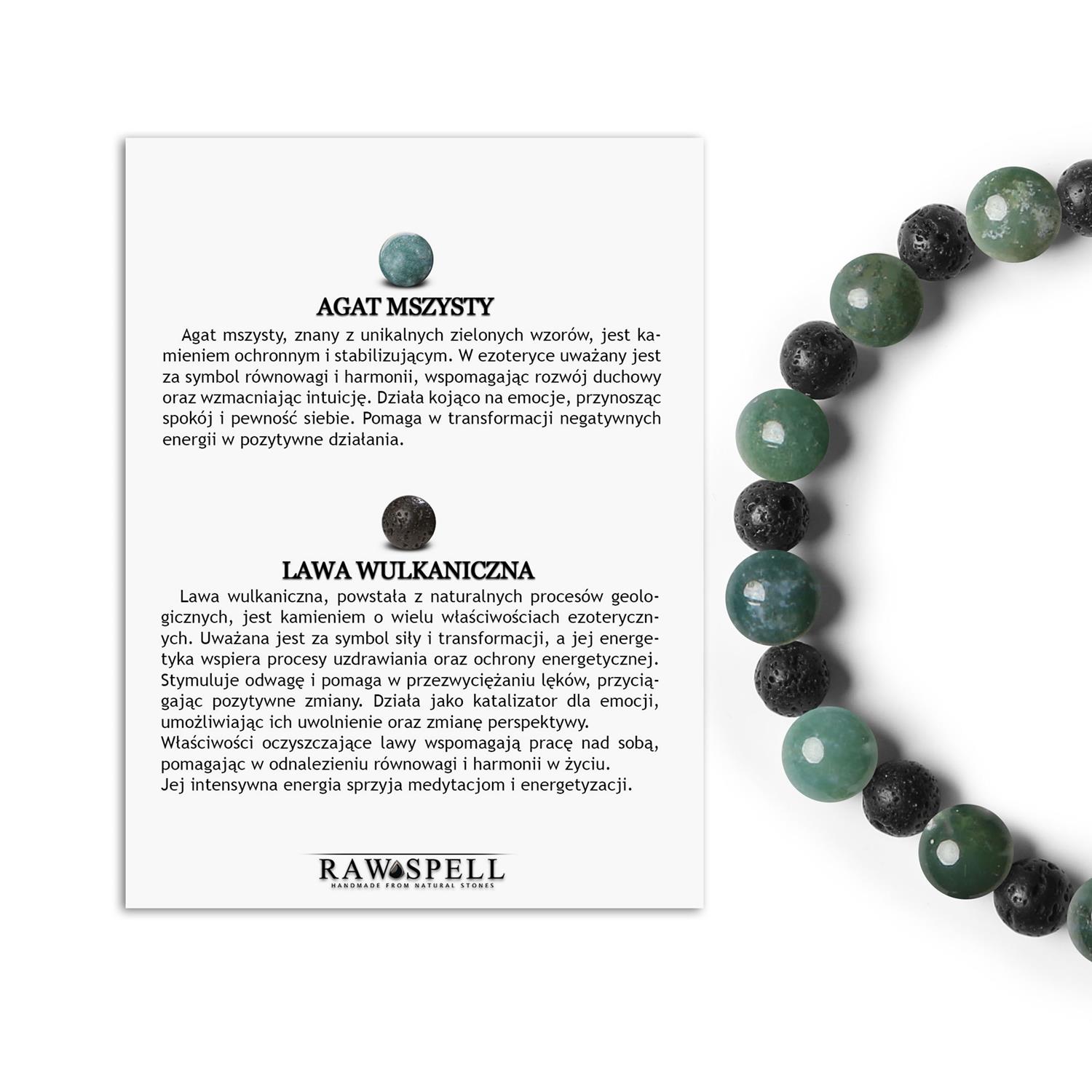 Elegancka bransoletka na gumce z Agatem Mszystym i Lawą Wulkaniczną z kolekcji Mijaha, doskonała Bransoletka z kolekcji Mijaha z naturalnymi kamieniami: agat mszysty i lawa wulkaniczna, idealna dla kobiet i mężczyzn.